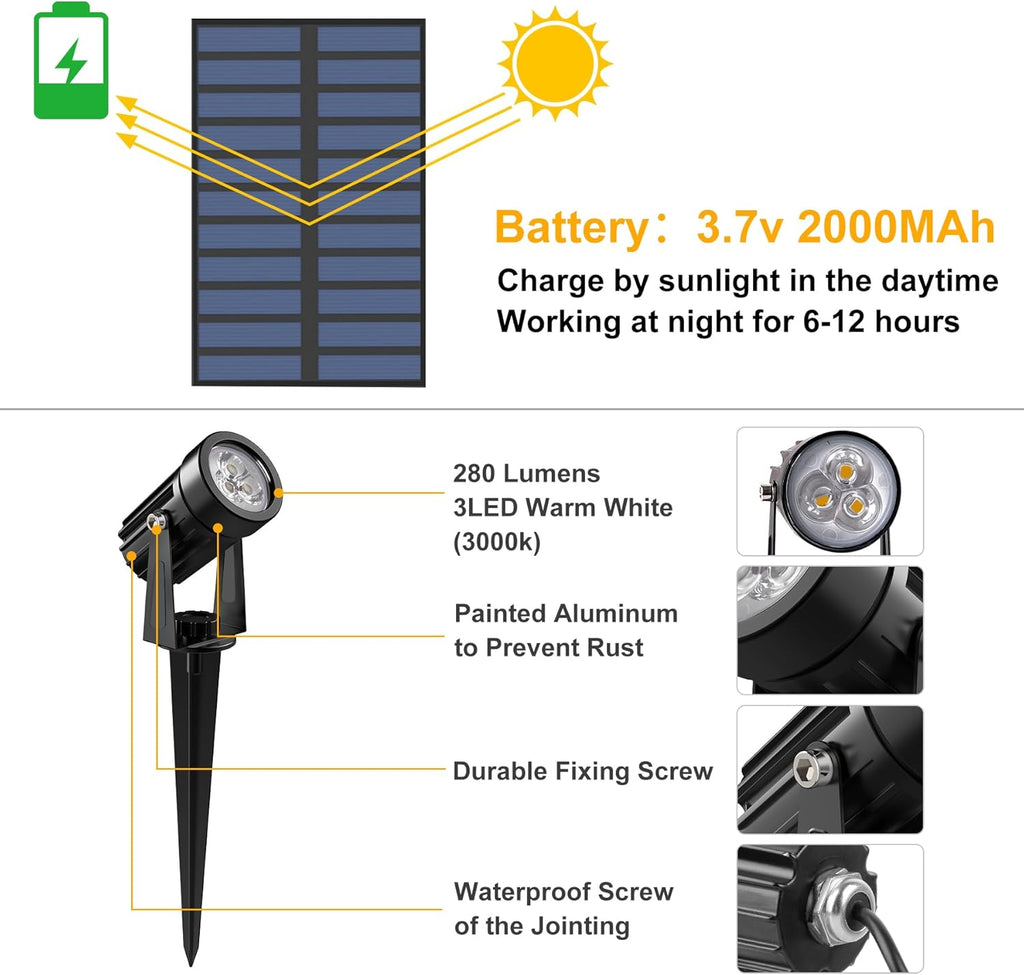 Solar Spot Lights Outdoor, 2 Pack Solar Landscape Spotlights IP65 Waterproof 9.8ft Cable, Auto On/Off Outdoor Wall Lights for Garden Yard Driveway Porch Walkway Pool (3000K Warm White)