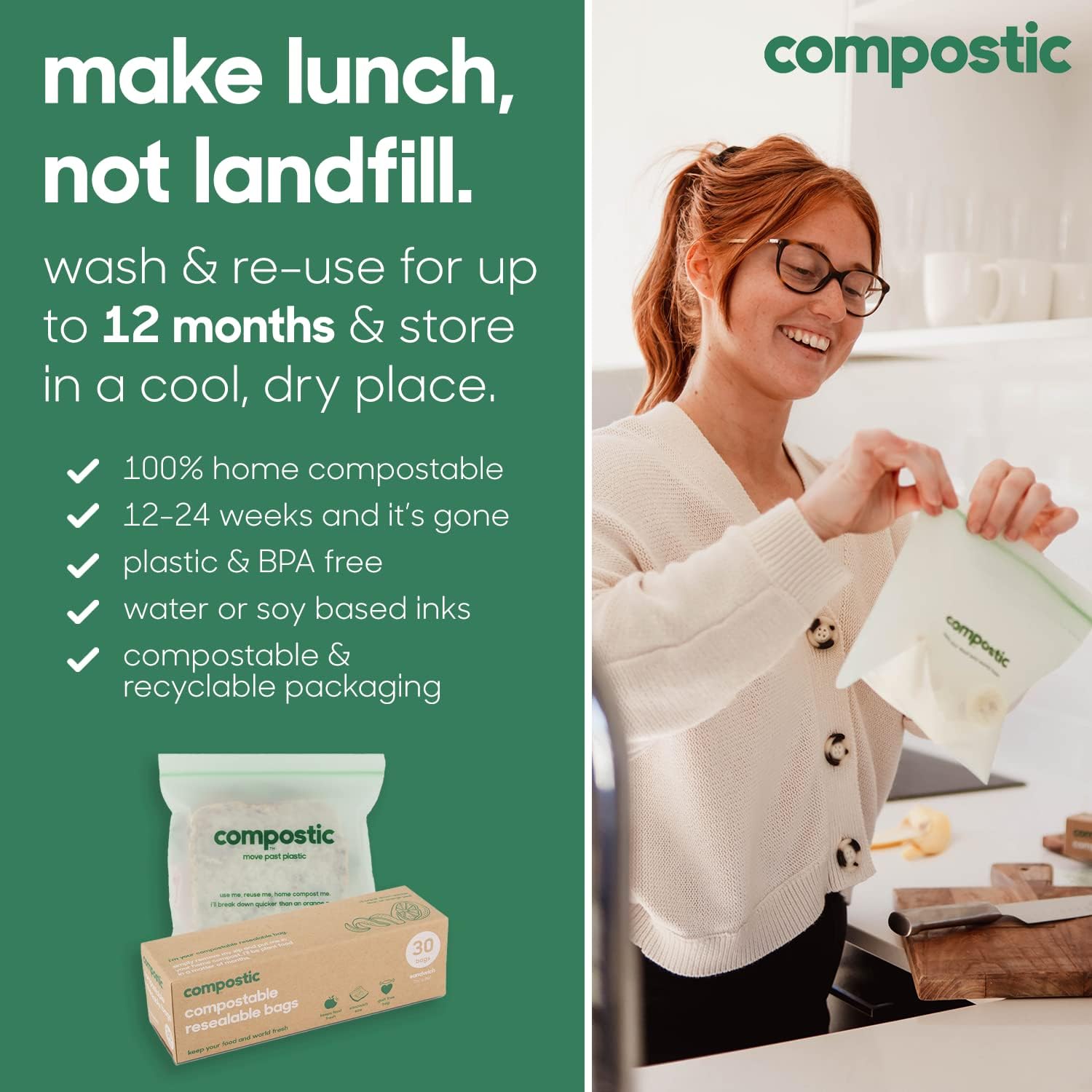 Home Compostable Resealable Sandwich Bags (7"x7"), Microwave & Freezer Safe, Organic Food Storage Container, 100 Count (Pack of 1)