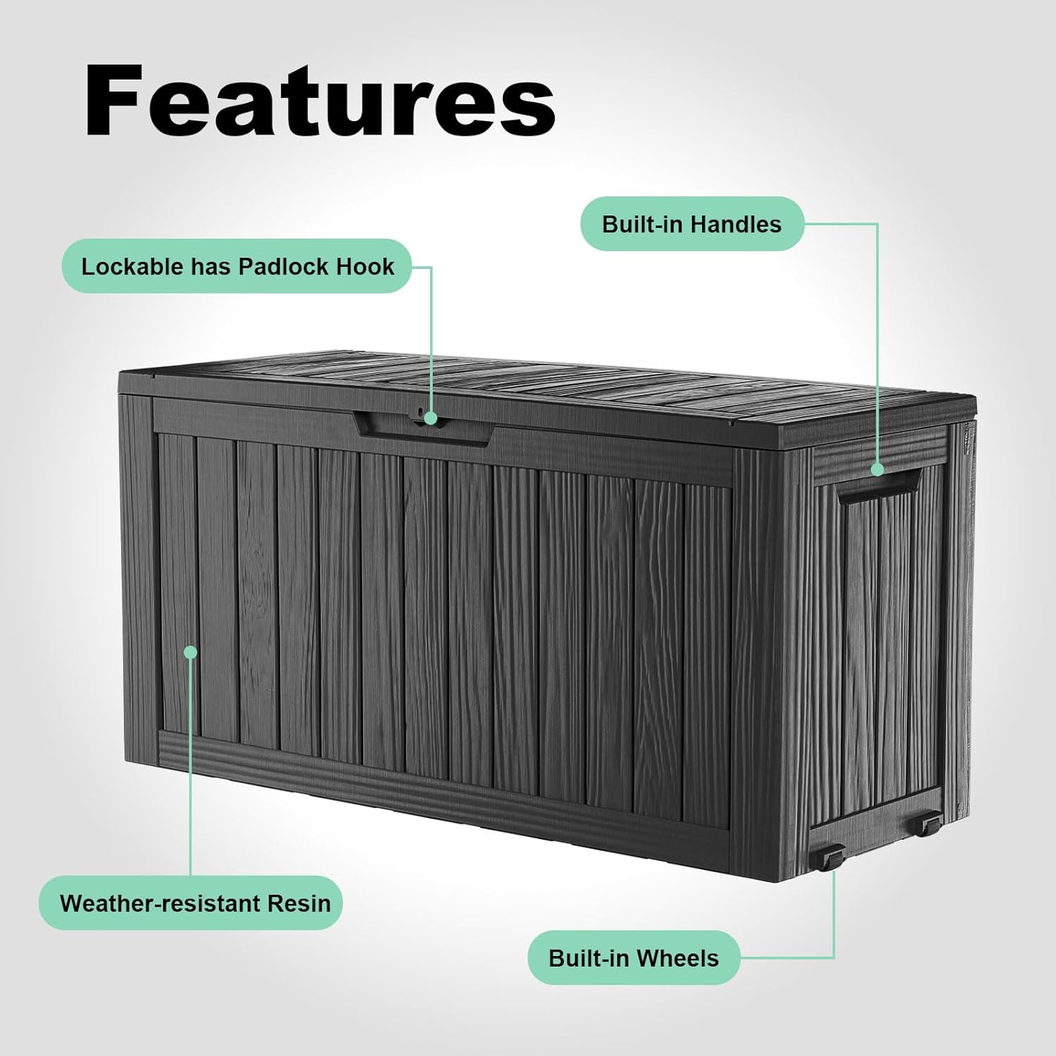 75 Gallon Resin Deck Box, Lockable Outdoor Storage Box for Patio Cushions Storage Furniture,Garden Tools, Pool Supplies, Weatherproof and UV Resistant（Black）