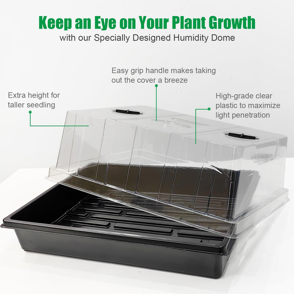 12-Pack Seed Starter Trays with 5'' Tall Humidity Domes – Thick Plastic, Reusable Seedling Tray with Clear Lids for Strong Plant Germination, Ideal Microgreen Growing Trays for Faster Seed Propagation