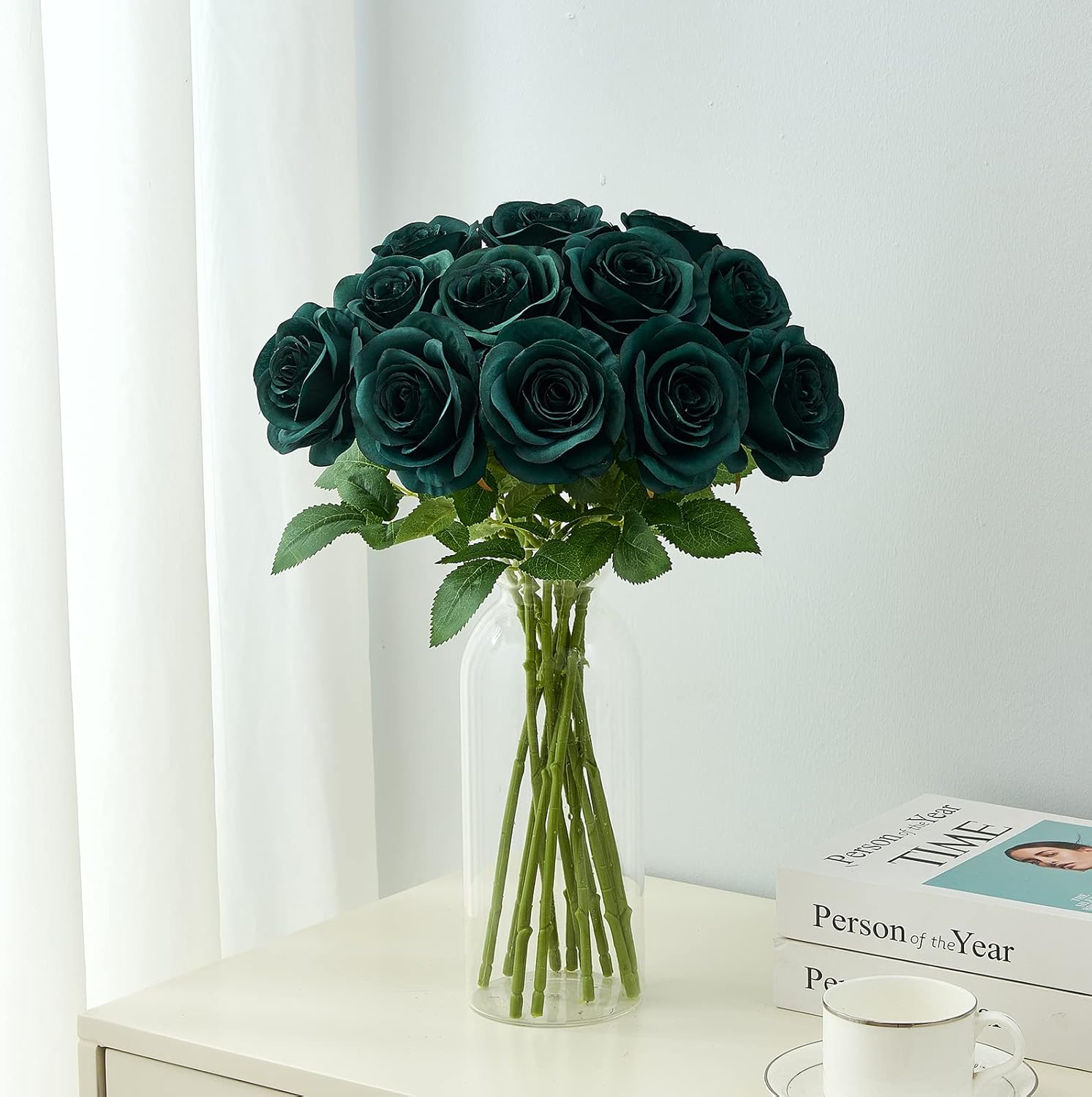 12PC Peacock Green Roses Artificial Flowers Fake Roses Silk Flowers Roses with Long Stems for Wedding Home Party Centerpieces Decorations
