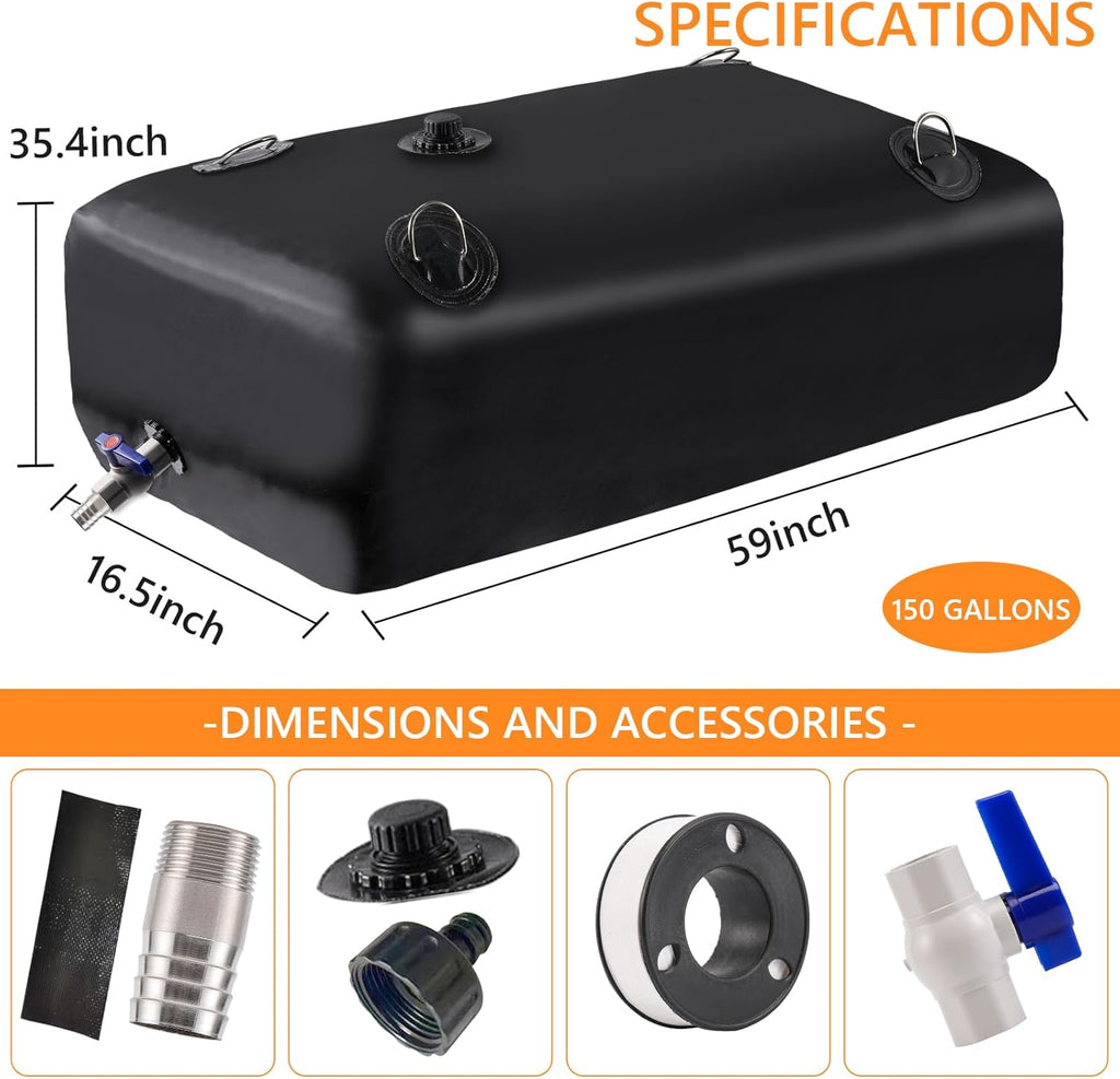 Water Storage Bladder, Water Tank, 150 Gallon Foldable Portable Water Storage, Large Water Storage Containers with 3/4" PVC Spigot Kit for Camping, Garden, Emergency Water Storage