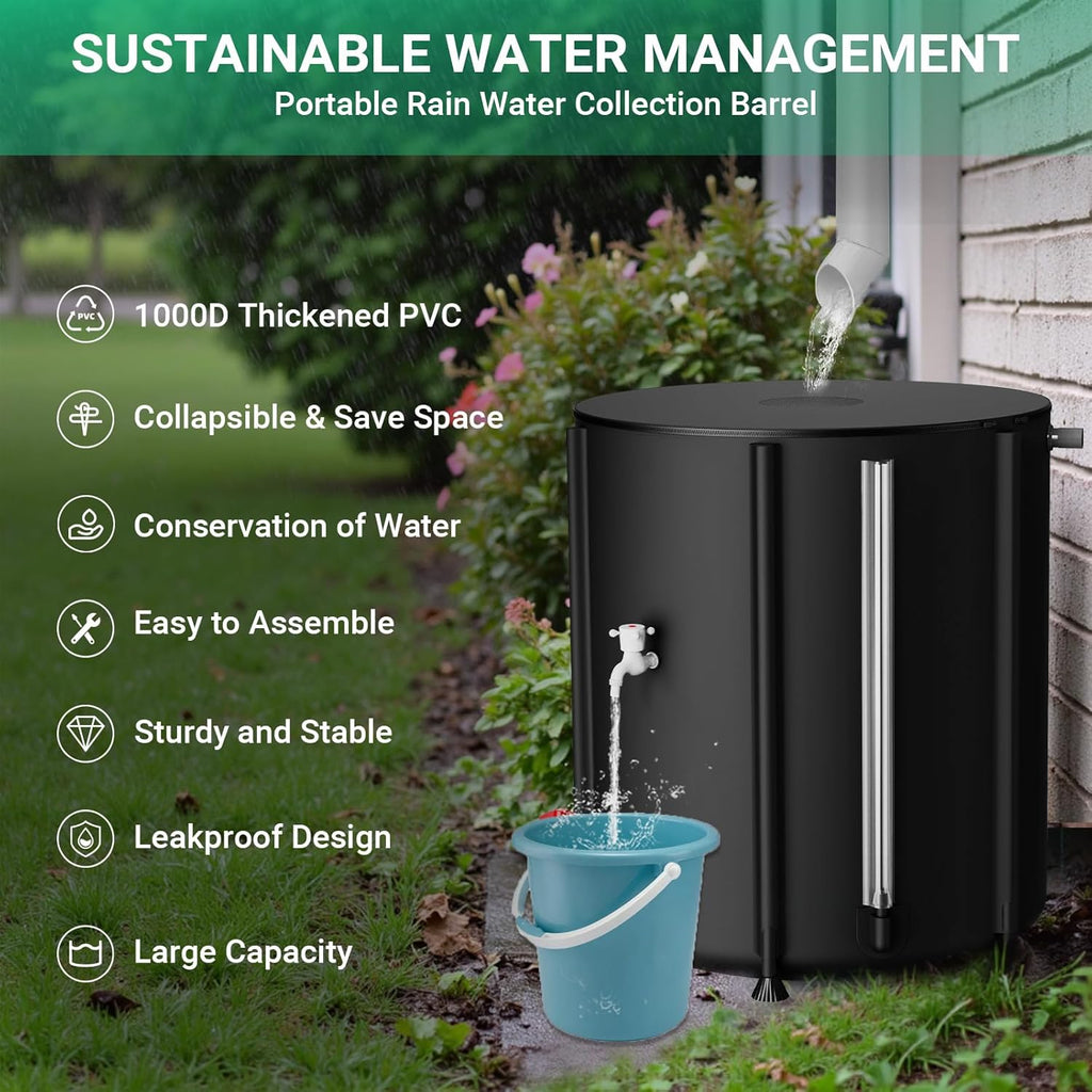 SKM Collapsible Rain Barrel, 53 Gallon Portable Rain Water Collection Barrel for Garden/Outside/Lawn, PVC Rainwater Collection System Water Tank Storage Container with Spigots & Overflow Kit, Black