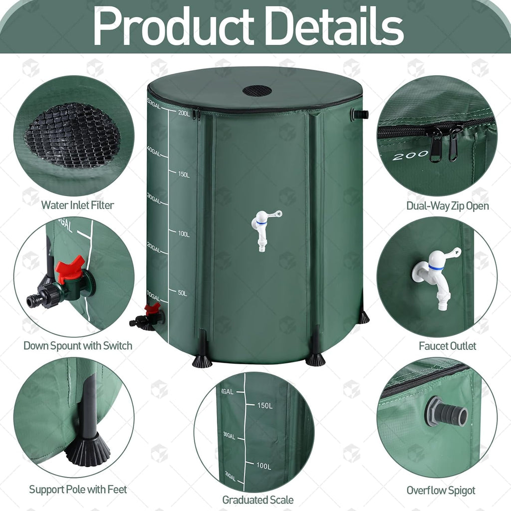2Pcs 53 Gallon Collapsible Rain Barrel Kit with 12 Half Poles, 200L Protable Rain Water Collection Barrel with Zipper, 1000D Oxford Rain Catcher Barrel System Garden with 1 Spigot and 2 Overflow