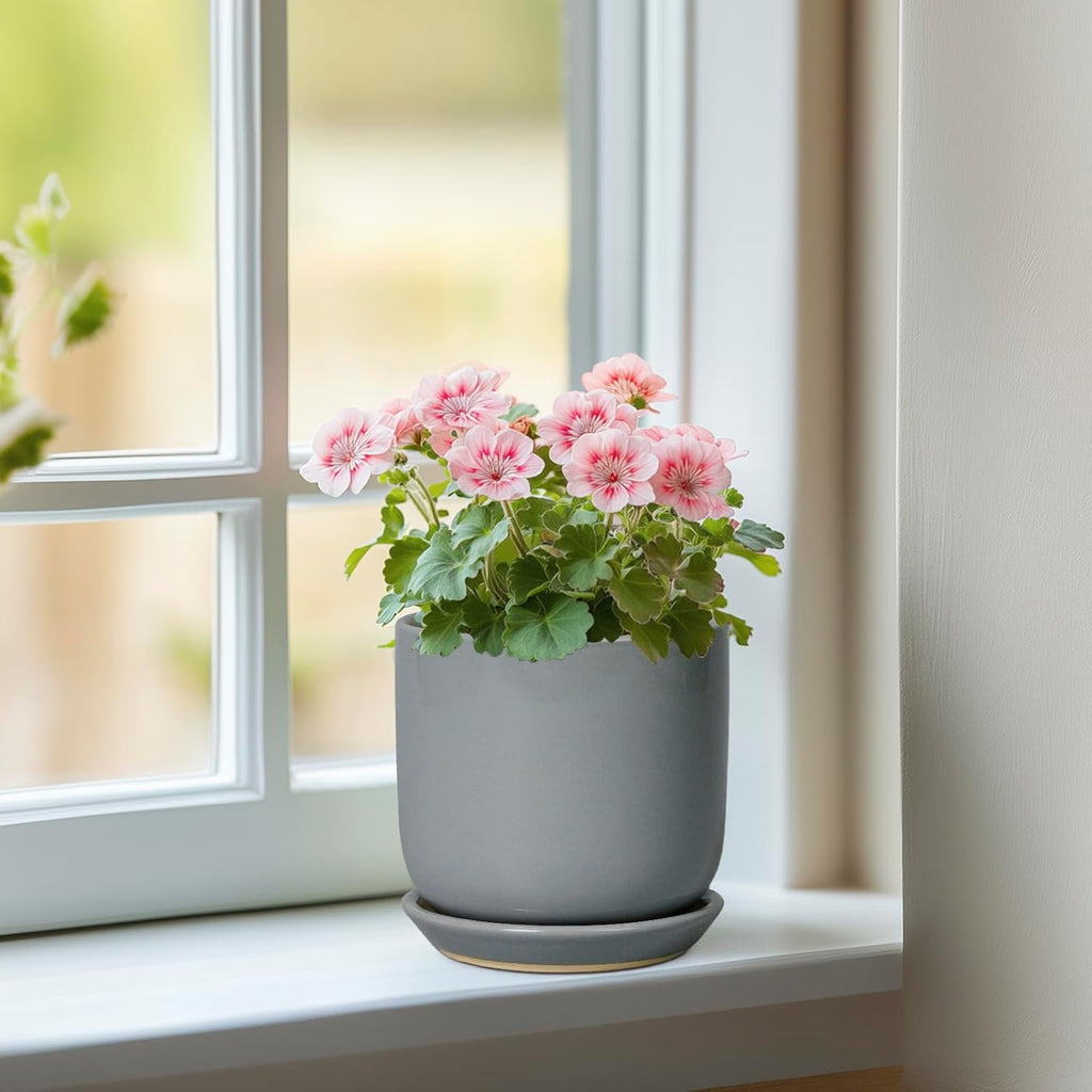 Ceramic Plant Pot 5 Inch - Modern Succulent Planter for Outdoor Indoor Plants with Drainage Hole and Saucer, Modern Home Decor, Gray