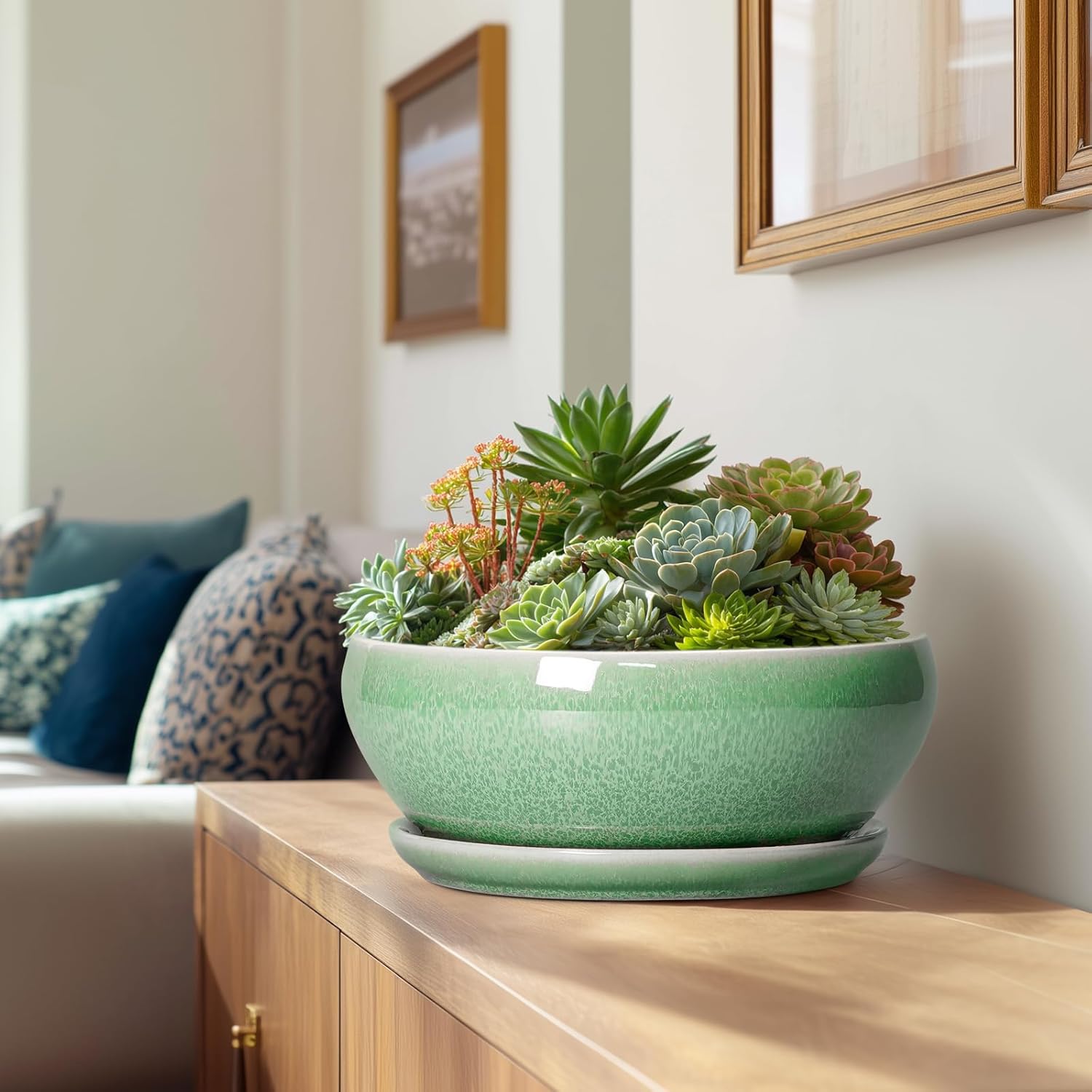 SQOWL Succulent Planter 12 Inch - Ceramic Bonsai Pots with Drainage Hole and Saucer, Large Shallow Planter, Bowl Round Planter for Indoor Outdoor Plants Flower, Room Decor, Birthday Gifts, Green