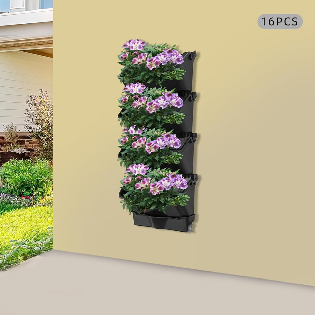 Vertical Wall Planter with 16 Pots, Hanging Garden Plant Flowerpot Holder, Stackable Wall-Mounted Planter, Balcony Planters for Flowers Vegetables Fruits (Black, 16 Pots+4 Drainage Planters&Pipe)