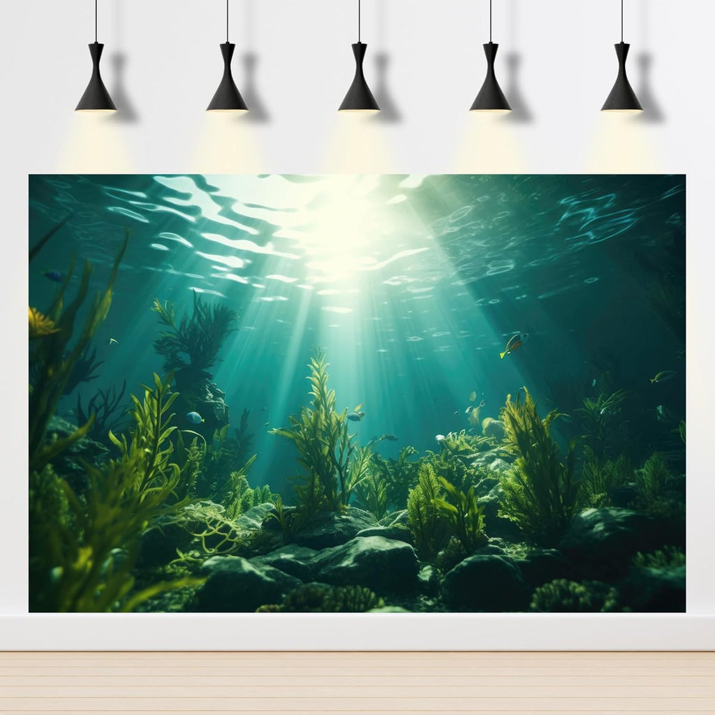 Ocean Aquarium Background Aquatic Plants with Rocks Terrarium Backdrop Sunlight Rays Deep Sea Fish Tank Background Aquarium Wallpaper Poster Decor Vinyl 72x16in