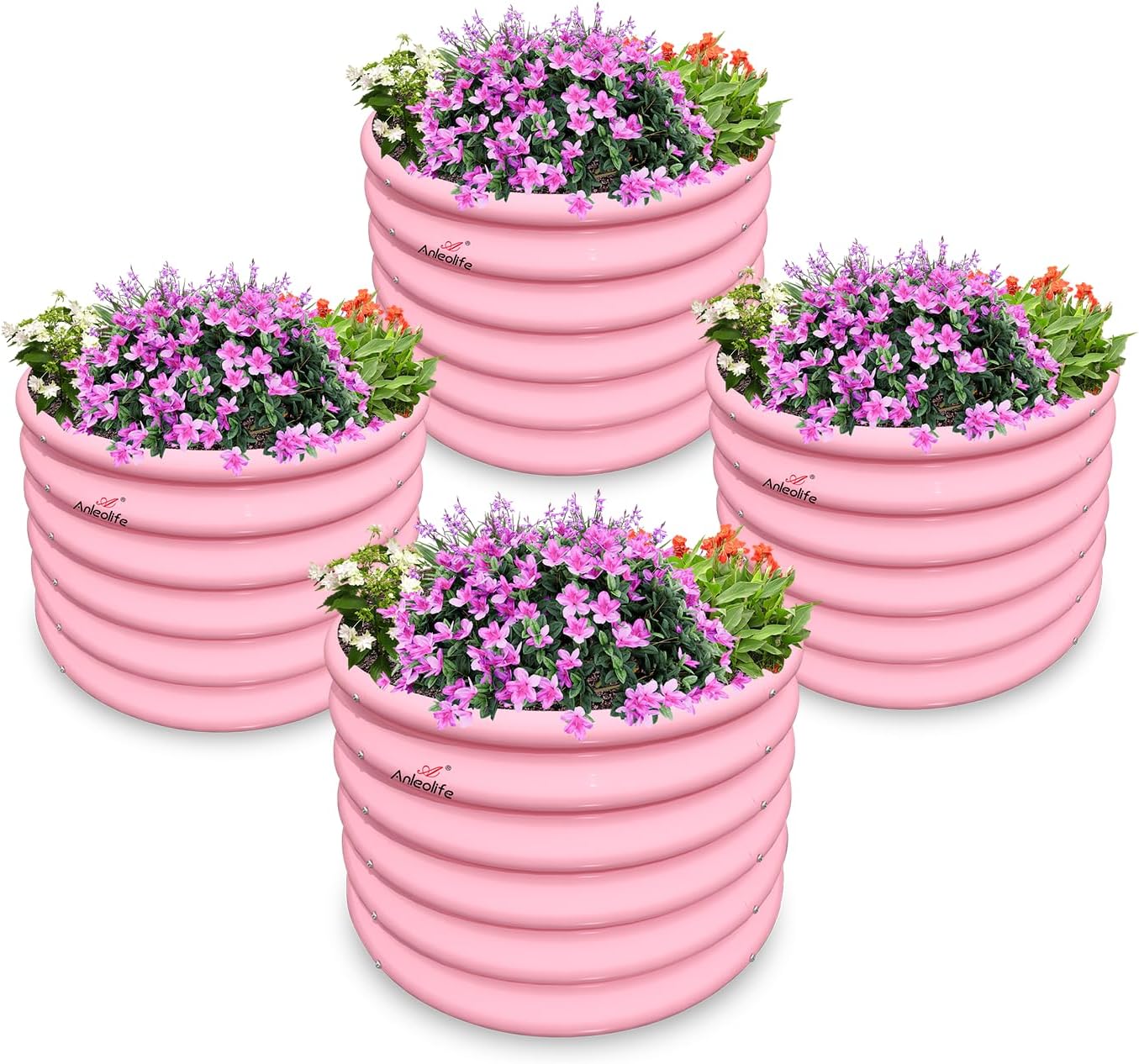 A ANLEOLIFE Kids Raised Garden Beds Outdoor (4-Pack)-24x24x18in Round Galvanized Metal Planter Box for Planting Vegetables, Flowers, Fruits, Eco-Safe & Easy Setup, Blush Pink