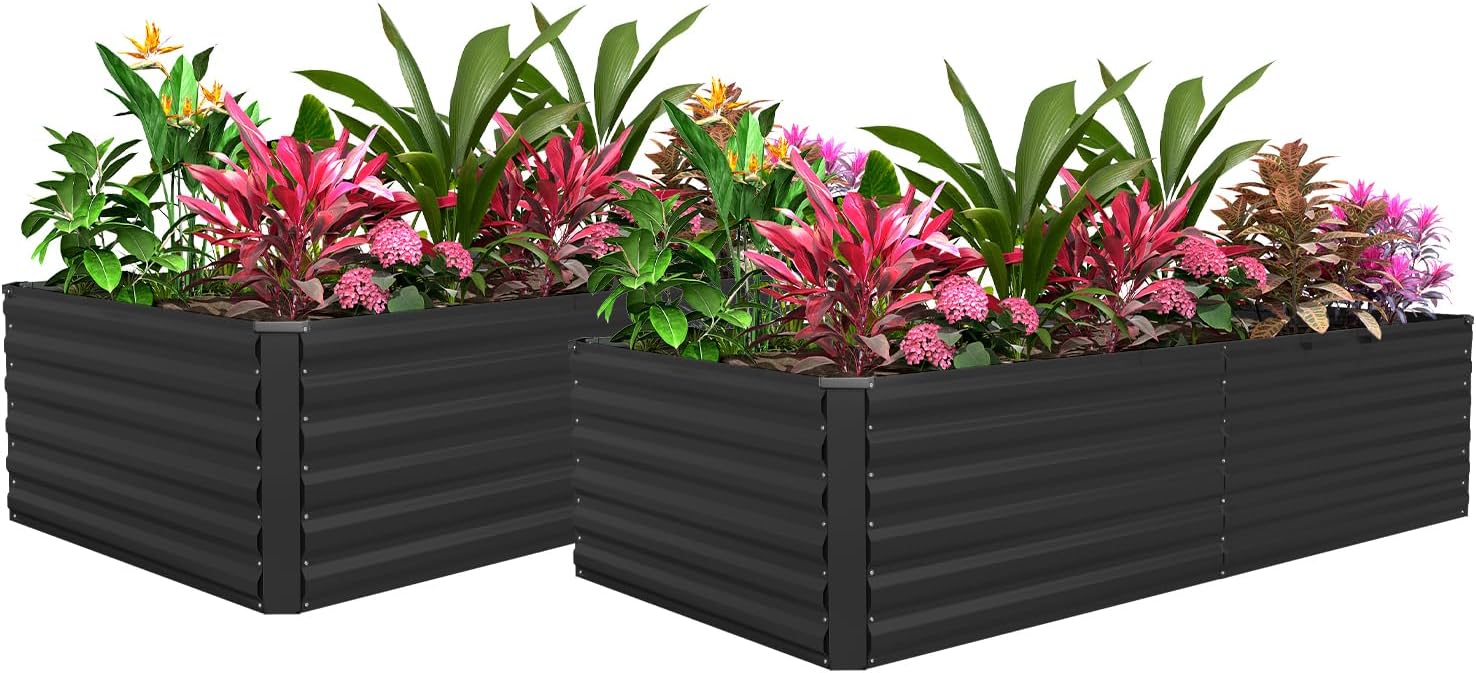 FOOWIN 2pcs 8x4x2ft Galvanized Raised Garden Bed, Planter Raised Garden Boxes Outdoor, Large Metal Raised Beds for Gardening, Garden Bed for Vegetables, Flowers, Herb,478 Gallon Capacity, Black