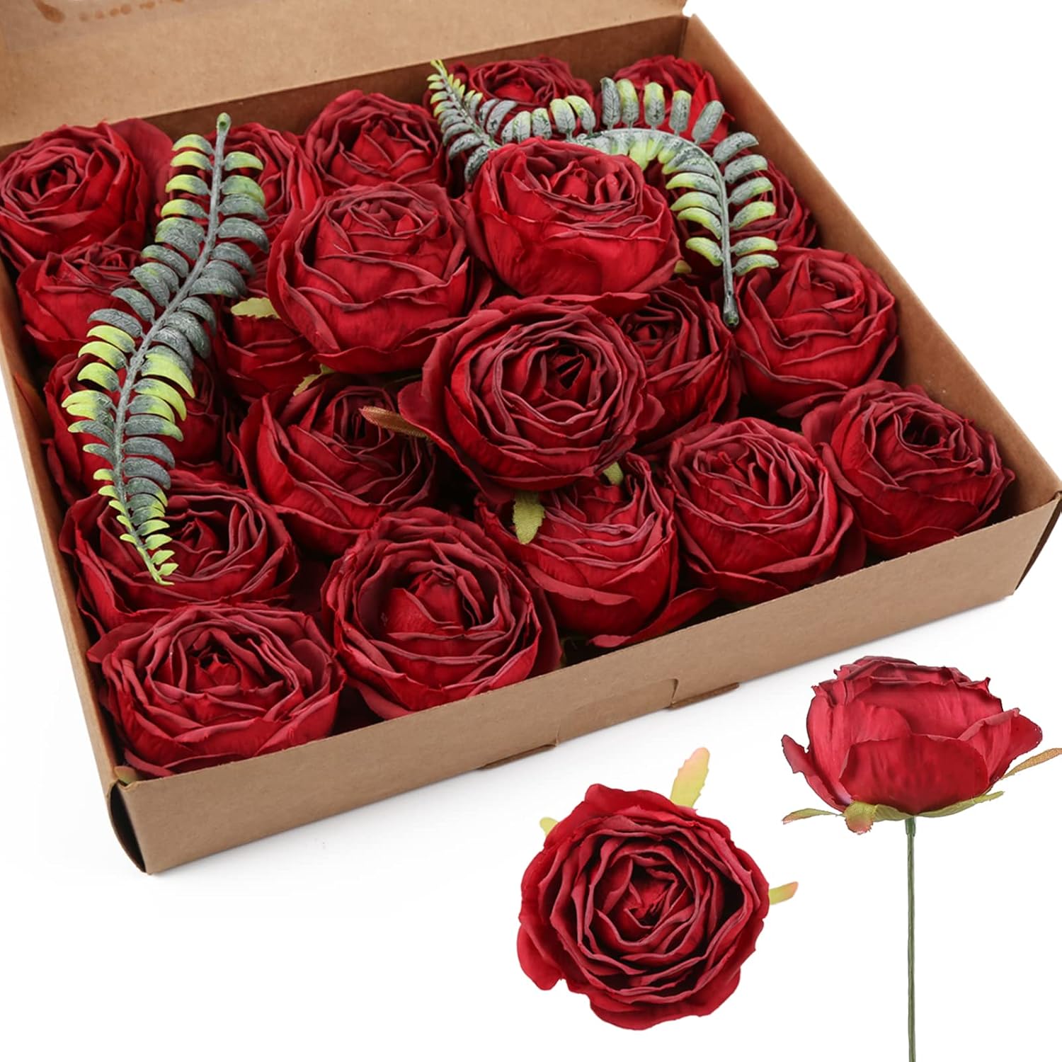 IPOPU Red Silk Roses 25pcs Flower Heads Bulk Artificial for Decoration Fake Dried Floral Bouquet for Wedding Bride Wall Flowers Decorations