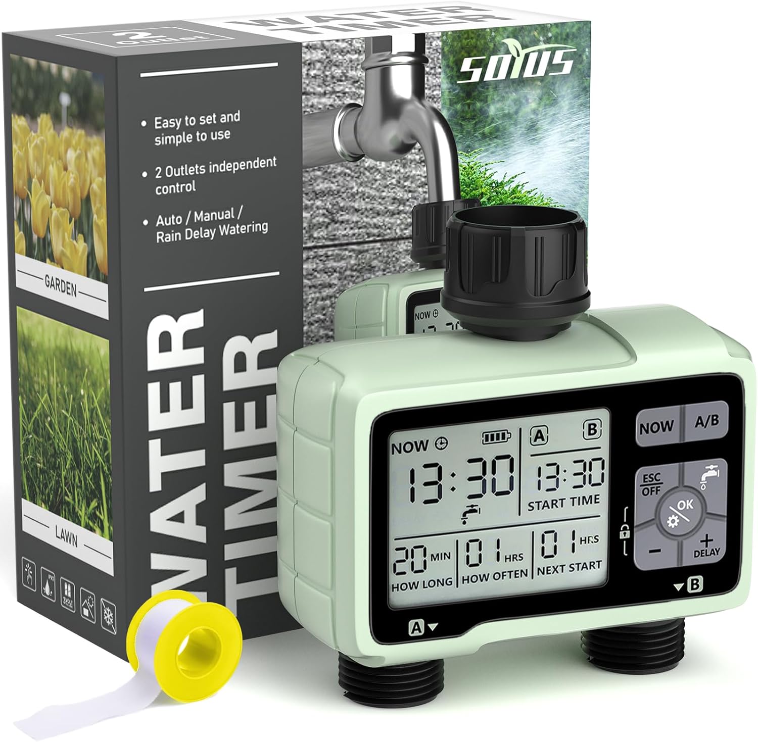 SOYUS Programmable Outdoor Garden Hose Timer with Rain Delay/Manual/Automatic Watering System, Waterproof Digital Irrigation Timer for Lawns, Yard and Pool, 2 Outlet