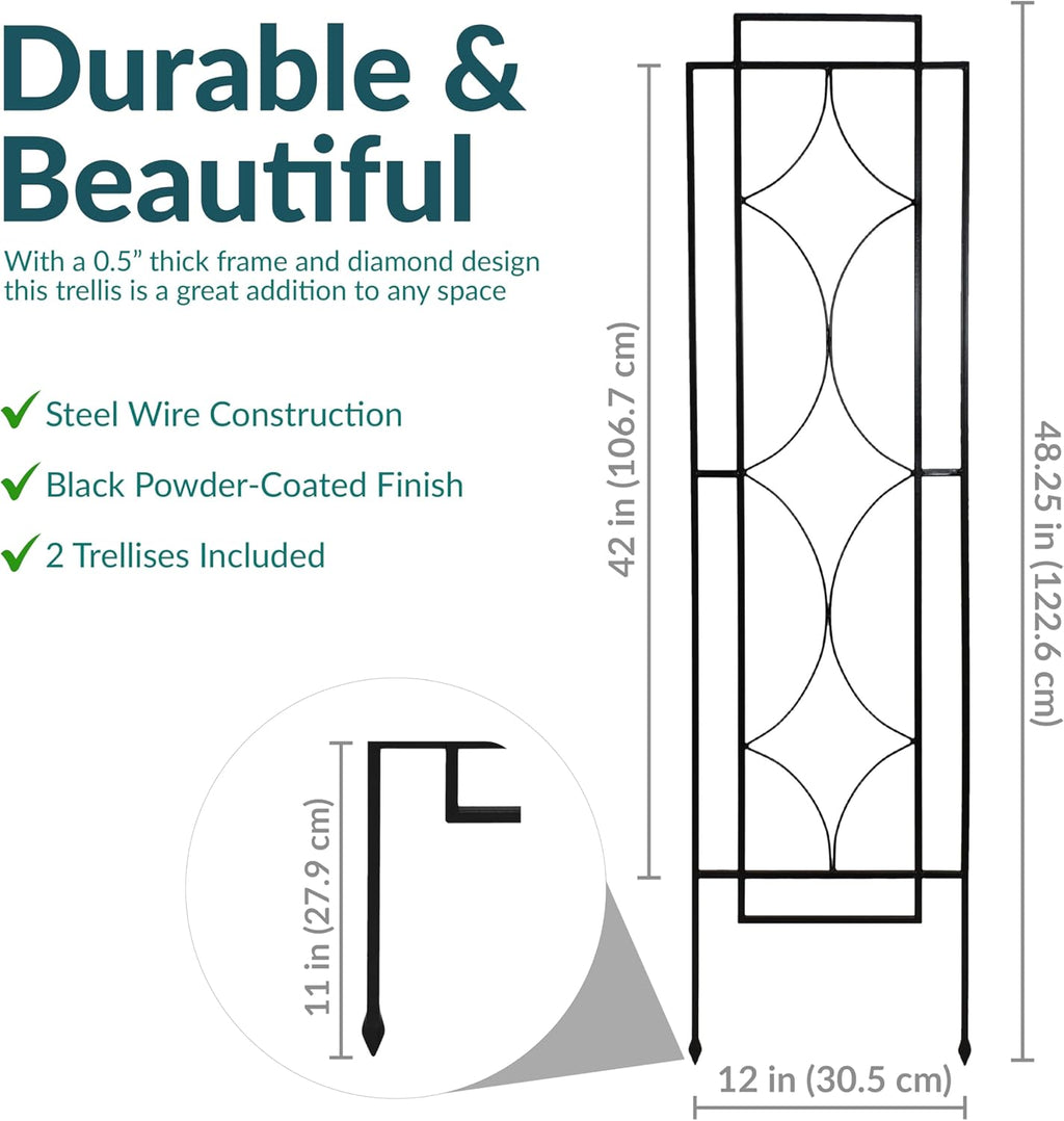 Sunnydaze 2-Piece Chic Diamonds Garden Trellis for Climbing Plants - Outdoor Decorative Metal Flower Trellis - 48-Inch Tall - Black
