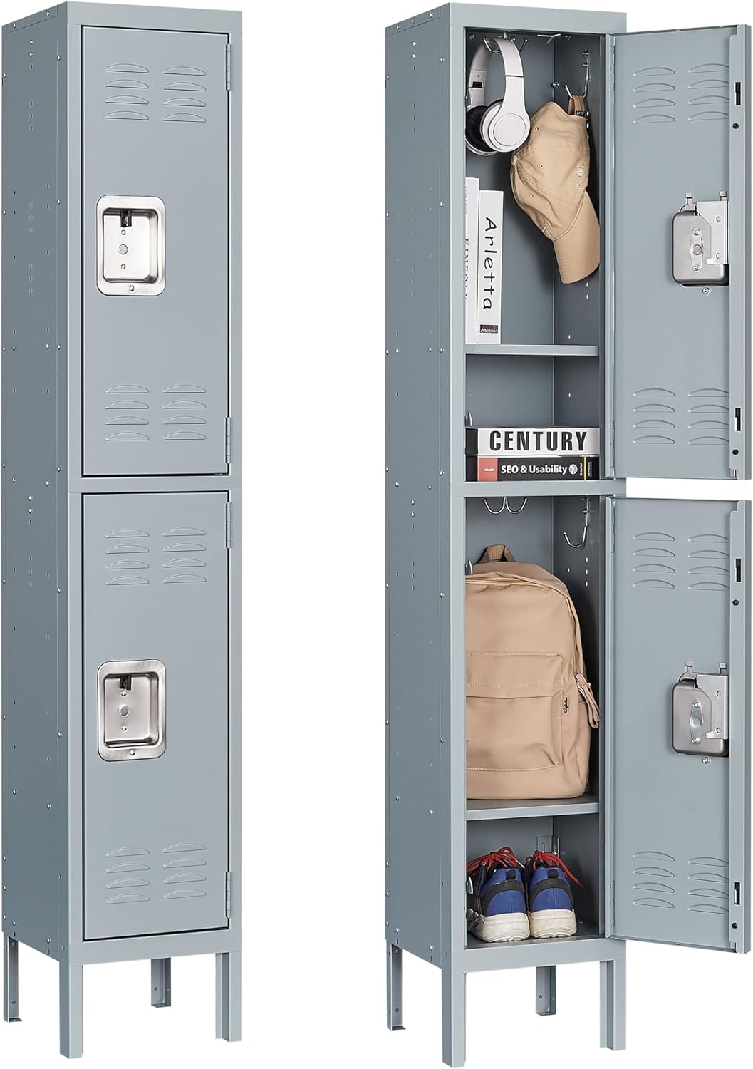Letaya Storage Locker with Lock Door,Metal Storage Cabinet 4 Tier with Hook for Employees, School,Gym, Home,Office(2 Door-Gray)