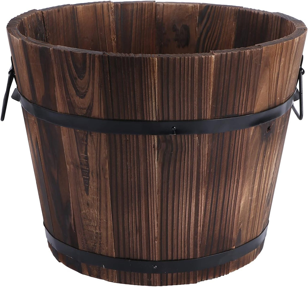 Vaguelly Rustic Wooden Barrels Planters Whiskey Barrels Bucket with Handle, Flower Planter Plant Pots Container Water Wishing Well Pail Garden Backyard Outdoor Indoor Decor