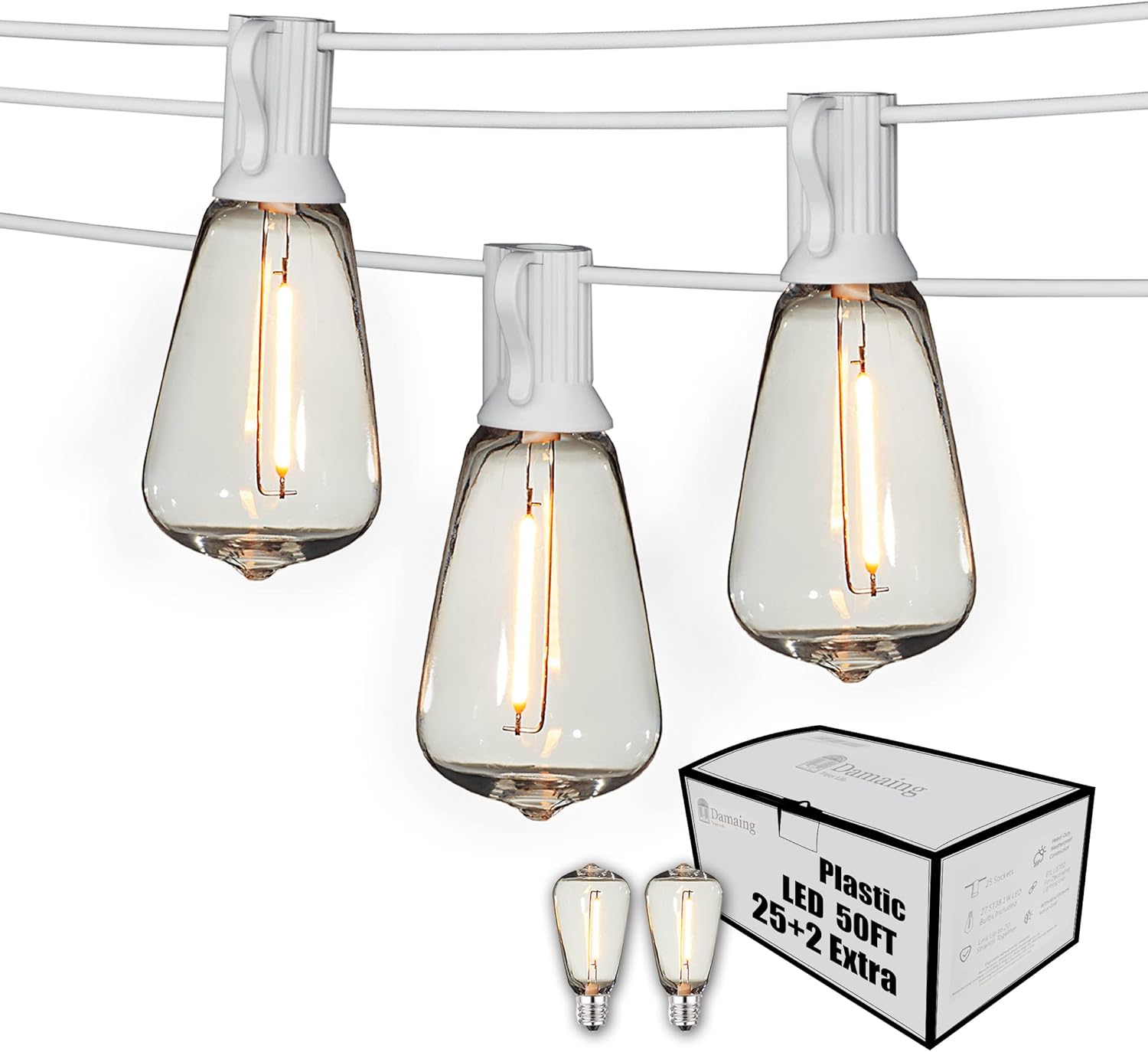 Outdoor String Lights 50FT Waterproof,LED Patio Lights Dimmable with 27 Bright Shatterproof Retro Bulbs,Vintage Edison String Hanging Lights for Outside Bistro,Backyard,Balcony,White Cable