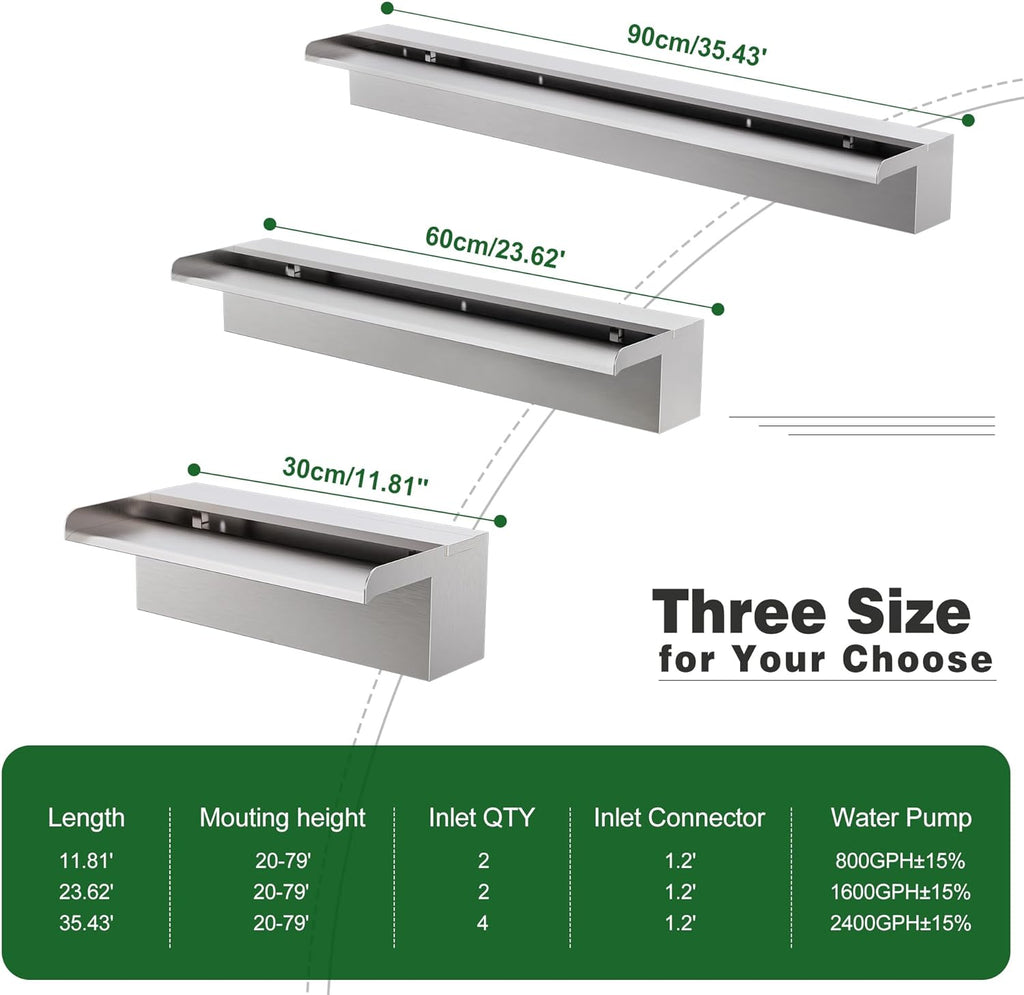 Waterfall Pool Fountain LONGRUNNEW 304 Stainless Steel 11.8" Rectangular Waterfall Spillway, Water Fall Fountain with Pipe Connector for Garden Outdoor, Swimming Pools, Fountains, Pond and Spa