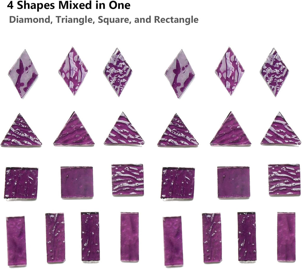 200G Oversize Transparent Glass Mosaic Tiles for Crafts, 4 Shapes Textured Cathedral Stained Glass Mosaic Pieces for Mosaic Art Decor, Violet Purple