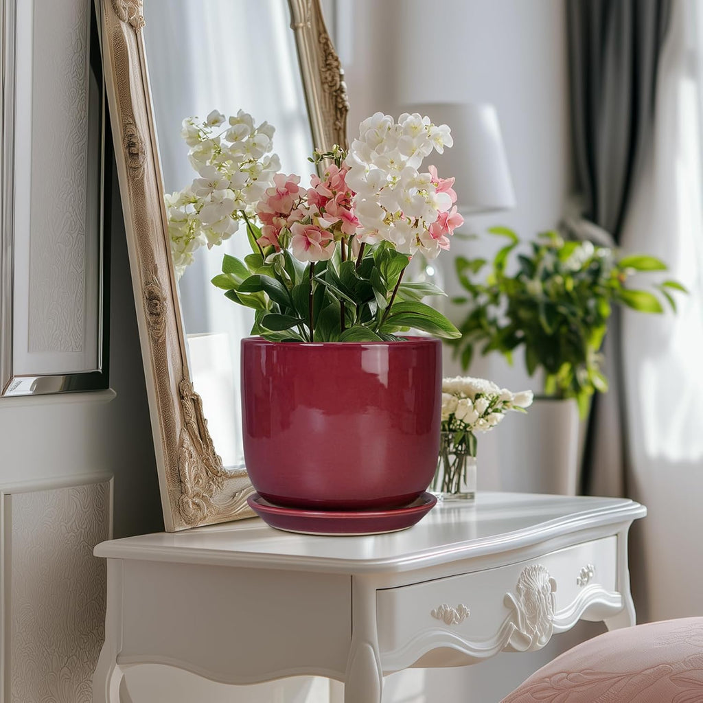 Ceramic Flower Pot for Plants - Cylinder Modern 8 Inch Plant Pot Indoor with Drainage Hole and Saucer, Home Office Room Porch Decor, Red