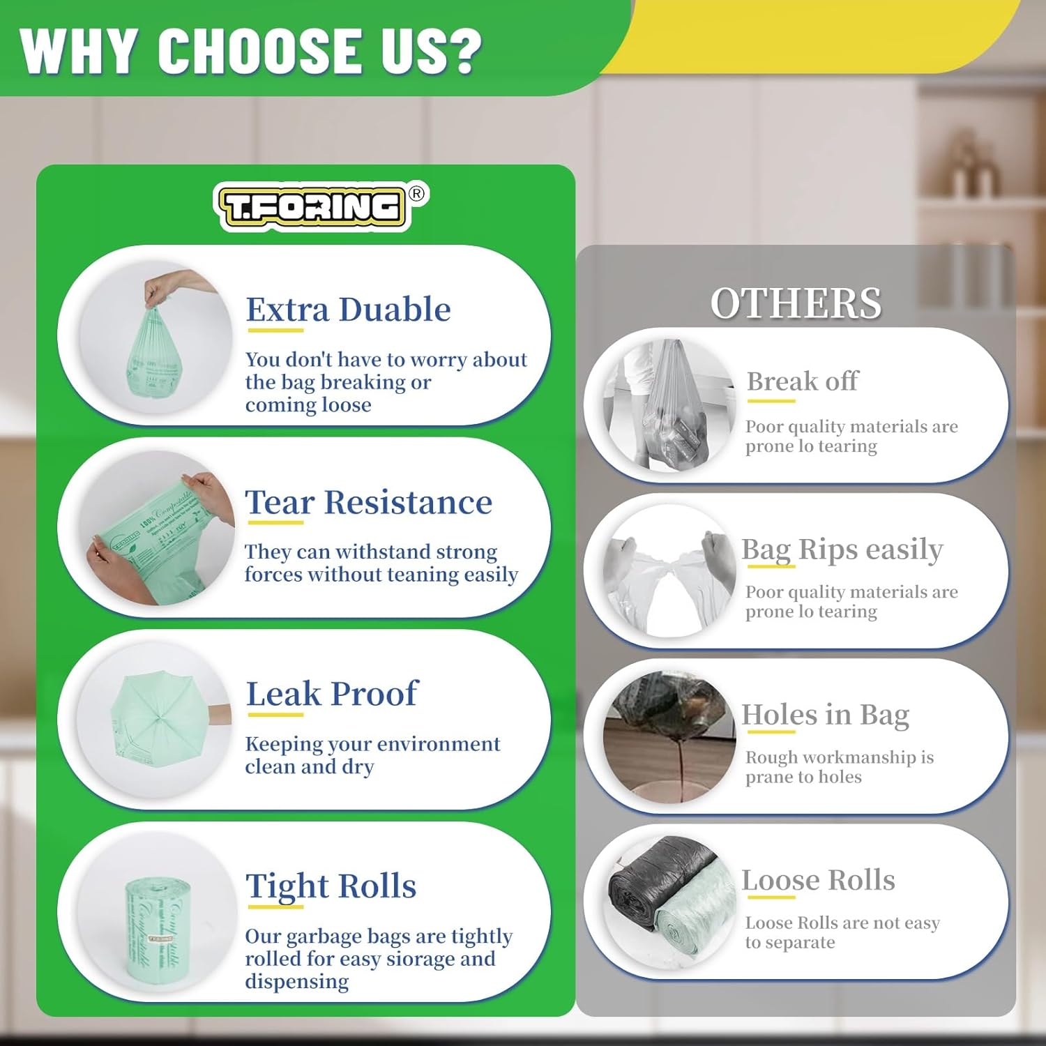 Compostable Trash Bags, 3-4 Gallon, 15 L, 80 Count, Extra Thick 0.8 Mil, Small Kitchen Food Scrap Waste Bags, ASTM D6400, US BPI, CMA and Europe OK Compost HOME Certified