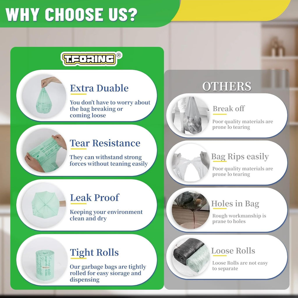 Small Compost Bags 2.6 Gallon - 80 Count 0.8 Mil Thick Compostable Trash Bags for Countertop Bin, ASTM D6400, US BPI, CMA and Europe OK compost HOME Certified