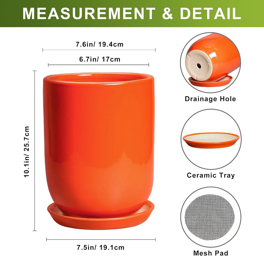 Ceramic Planter - 8 Inch Plant Pot with Drainage Hole and Saucer, Cylinder Round Modern Flower Pot for Indoor Outdoor Plants, Plant Lover Gifts, Garden Office Home Decor, Orange