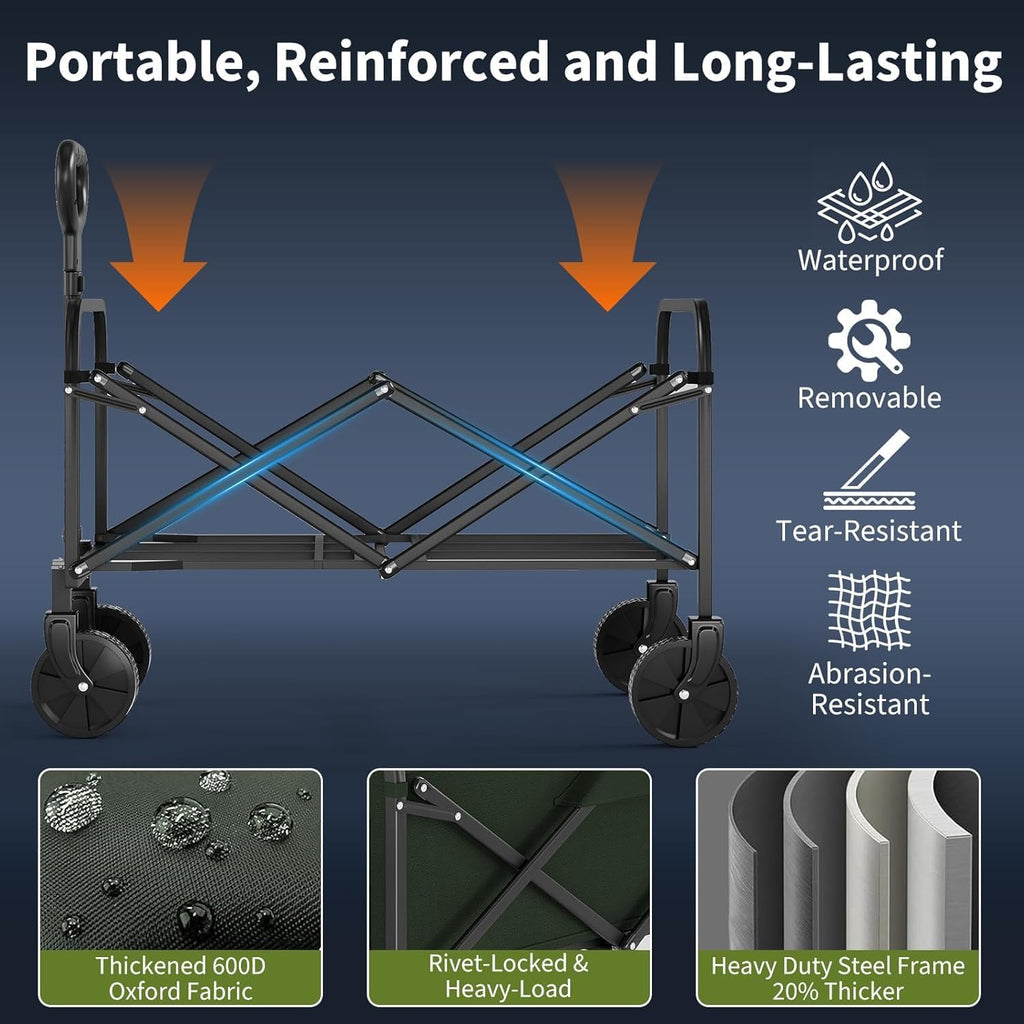 Foldable Wagon Cart, 380LBS Capacity Collapsible Wagon with All-Terrain Wheels, 220L Foldable Utility Cart & Grocery Cart on Wheels, Portable Lightweight 12LBS for Outdoor, Beach, Garden (Green)