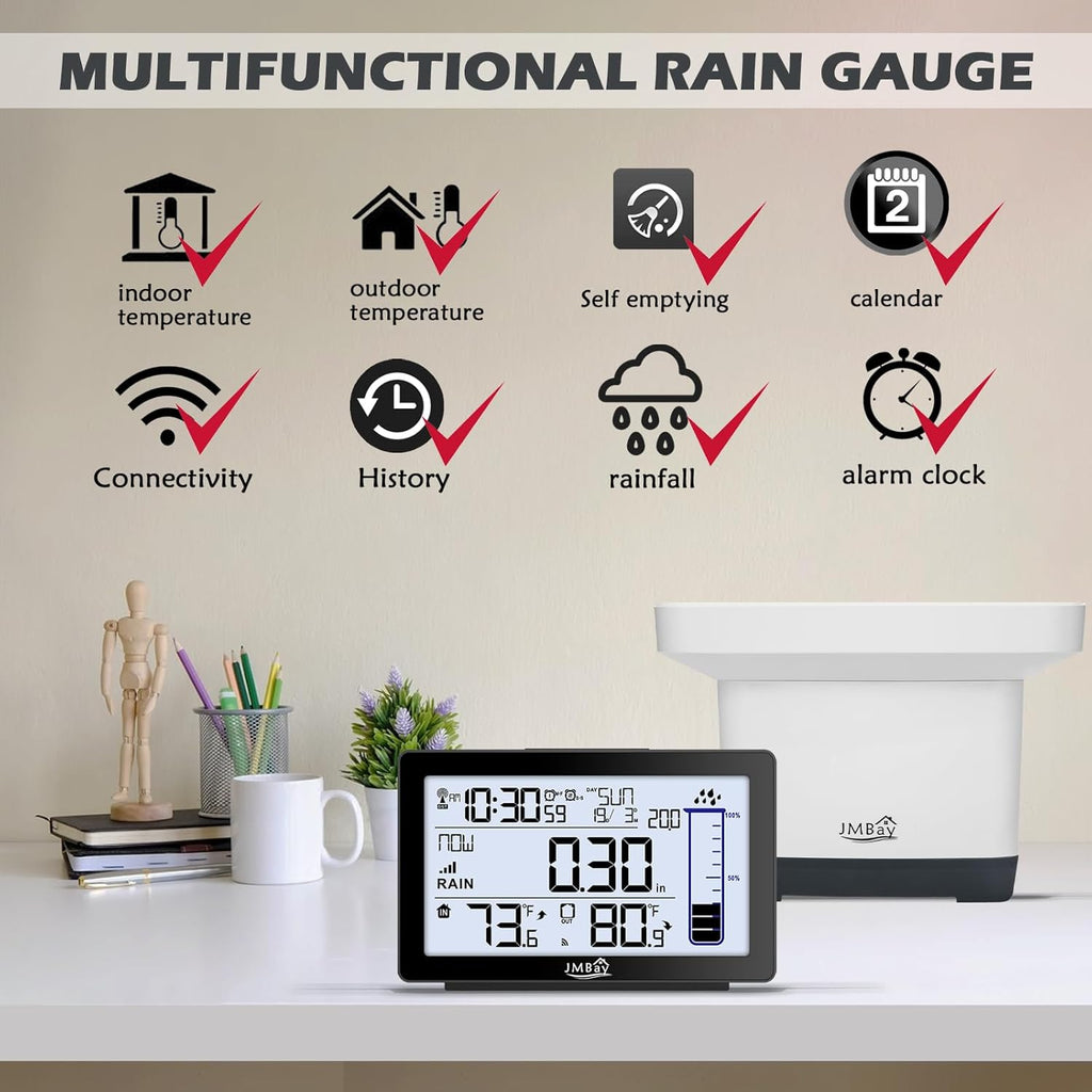Wireless Rain Gauge Outdoor with Thermometer, High Accurate Digital Rain Gauges Outdoors Best Rated, Electronic Self-Emptying Remote Rain Collector, Freeze Proof Automatic Rain Measure Gauge for Yard