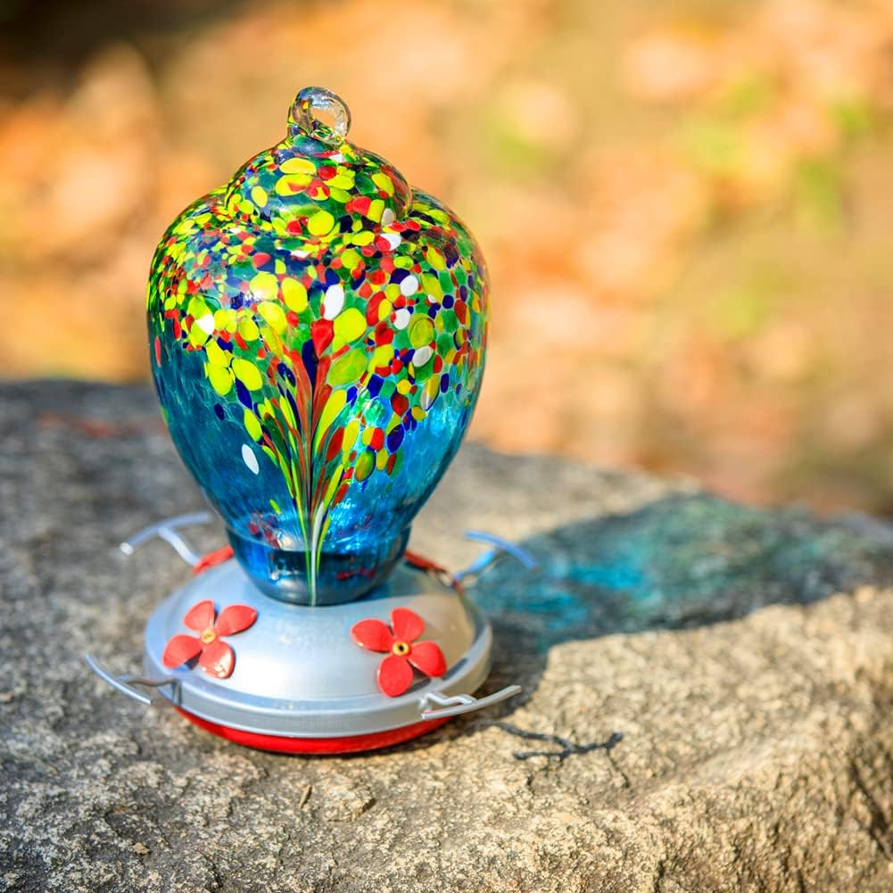 WOSIBO Hummingbird Feeder for Outdoors Patio Large 32 Ounces Colorful Hand Blown Glass Hummingbird Feeder with Ant Moat Hanging Hook, Rope, Brush and Service Card (Blue-White)