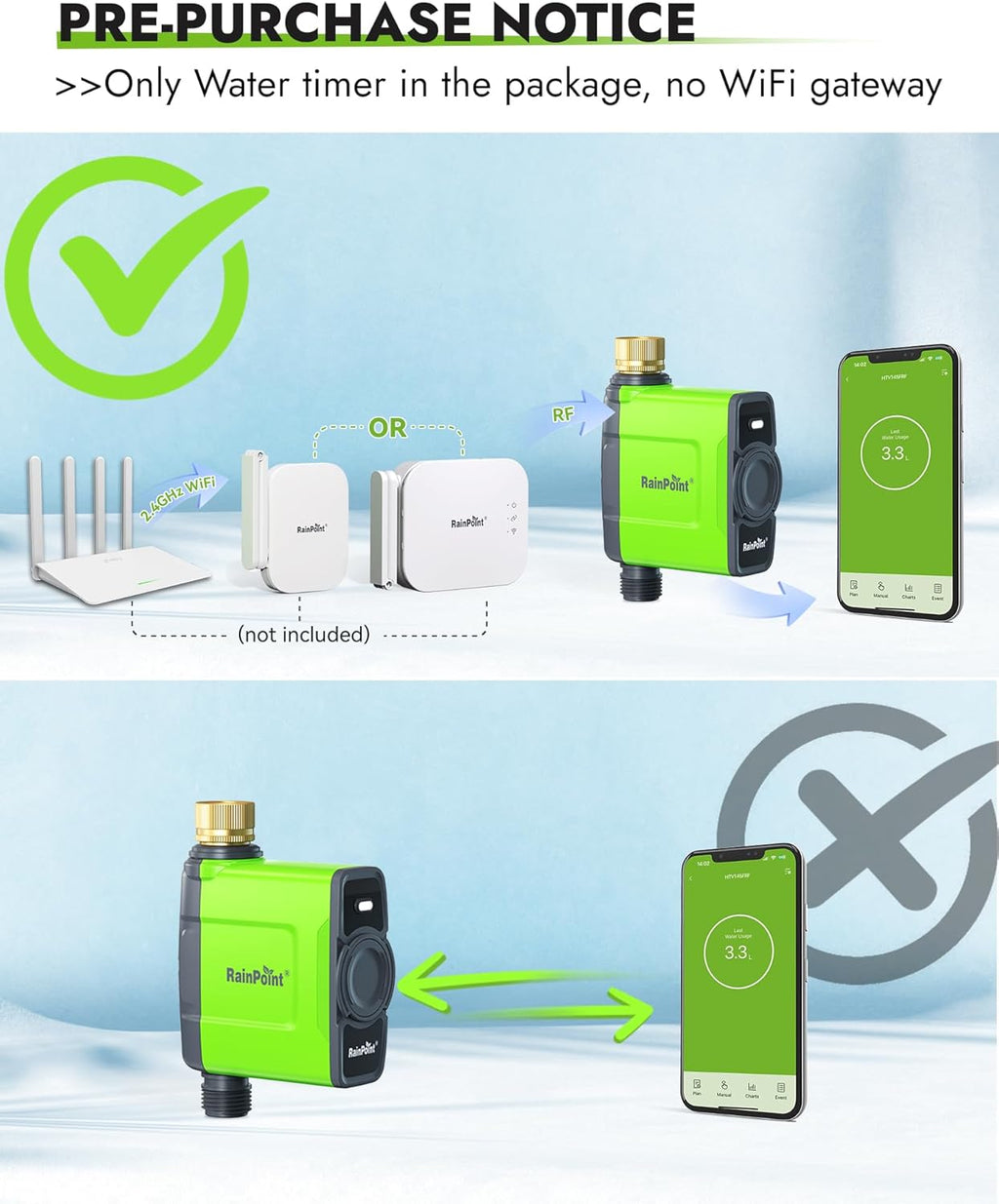 RAINPOINT WiFi Water Timer for Garden Hose, Brass Inlet WiFi Sprinkler Controller, Smart Hose Timer Valve, Automatic Drip Irrigation System/Rain Delay for Garden/Lawn/Yard (No Gateway)