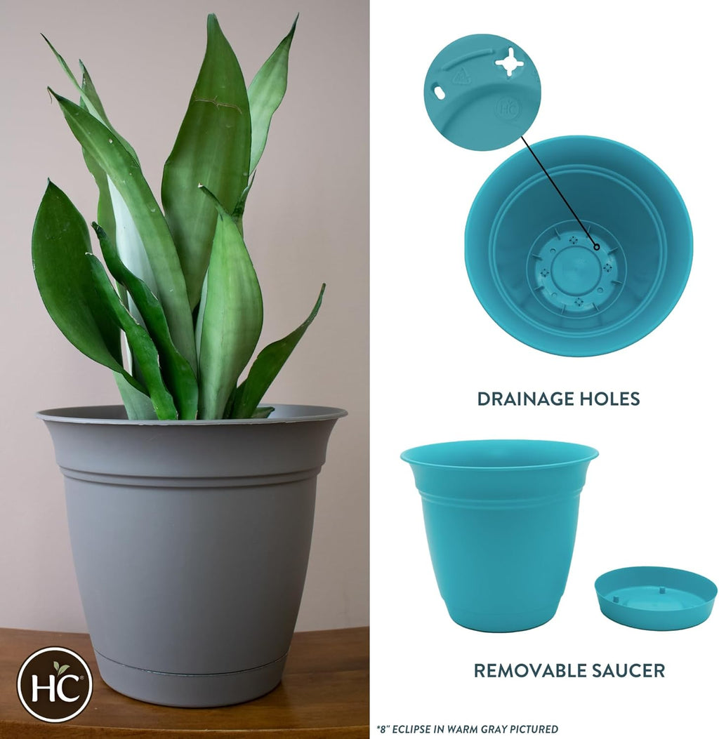 The HC Companies Eclipse Round Planter with Saucer - Outdoor & Indoor Plant Pot with Drainage Holes - Lightweight, UV-Resistant Plastic Pots for Plants, Flowers & Herbs (8" Teal, Pack of 6)