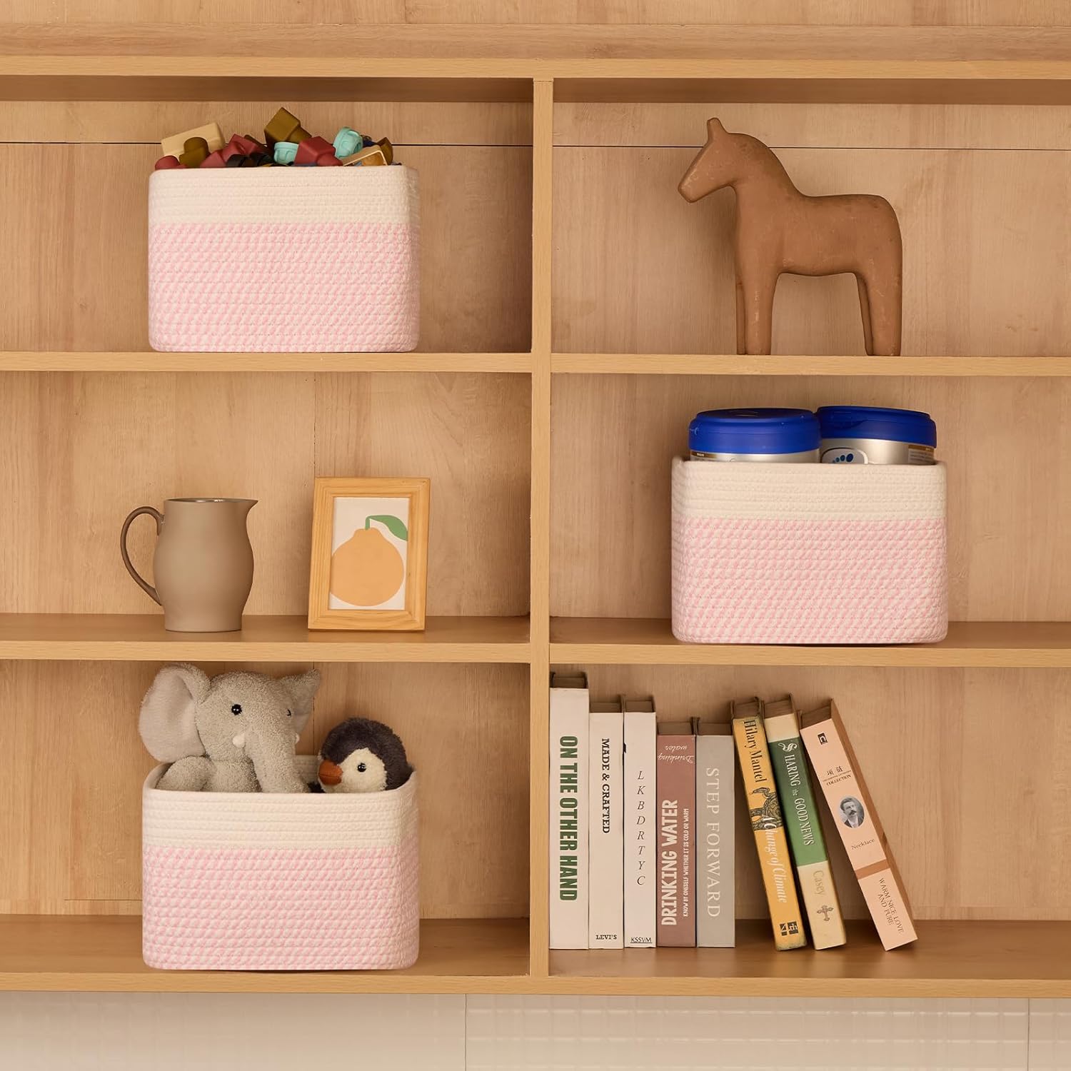 Small Organizing Baskets for Cubes Shelf, 9.7x9.7x7.1 Inch Rope Woven Storage Bins for Nursery Shelves Storage, Cute Toy Basket, Square 3 Packs Off White Pink