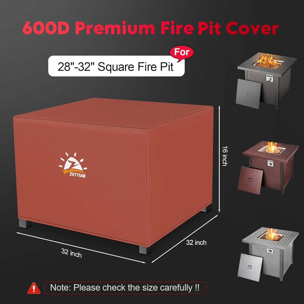 Fire Pit Cover Square 32 Inch - Outdoor Firepit Cover Heavy Duty & Waterproof, 600D Patio Fire Table Covers Gas Fire Pit Accessories Fit 32" Yaheetech Firepit Brown - 32 x 32 x 16 Inch