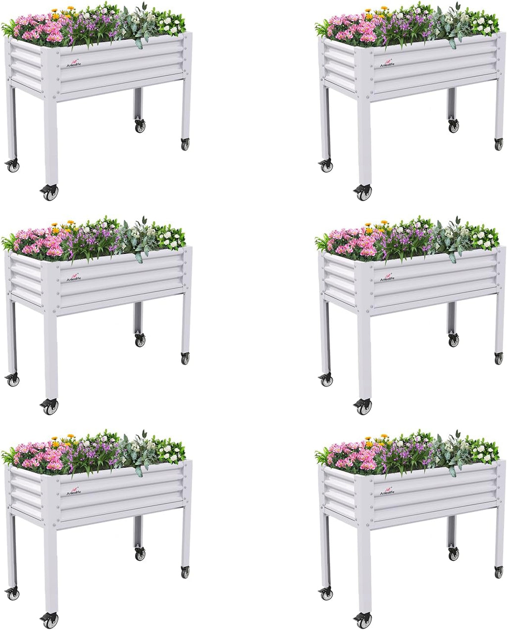 A ANLEOLIFE 6-Set Galvanized Raised Garden Bed with Legs,48x24x35in Large Elevated Planter Box on Wheels with Drainage Holes for Backyard, Balcony, Patio, 600lb Capacity, Antique White