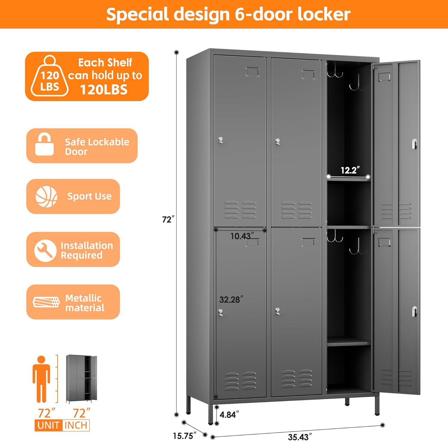 METAN Metal Locker for School Office Gym Bedroom,6 Doors Steel Storage Lockers Cabinet for Employees,Industrial Storage with 1 Shelf,Assembly Required,Dark Gray