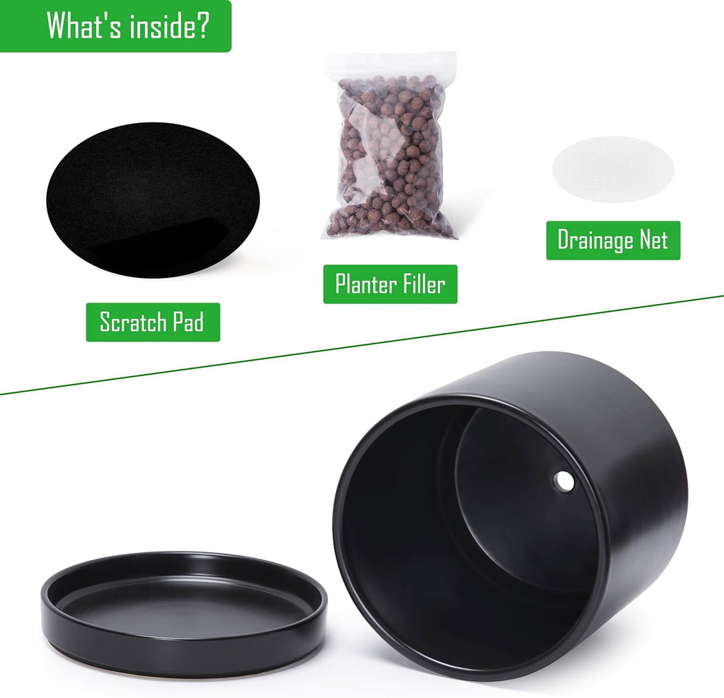 D'vine Dev 6 Inch & 8 Inch & 10 Inch, Set of 3 Round Ceramic Planter Pot with Drainage Hole and Saucer, Black, 94-T-L-2