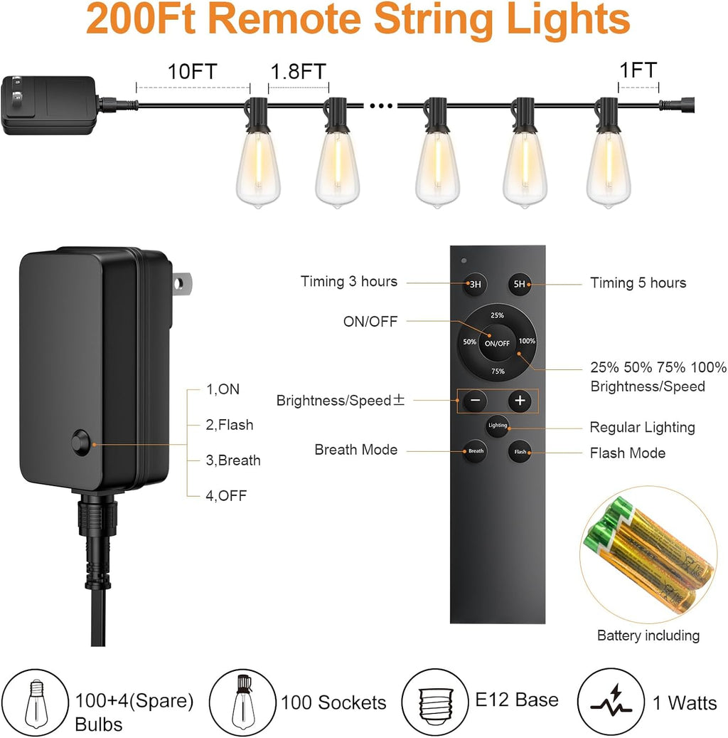 200FT Outdoor String Lights with Remote, Garden Patio Decor with 2500K Warm White, 100+4 LED Edison Bulbs, Support Timer Dimmable Waterproof for Yard Outside Porch Deck Backyard