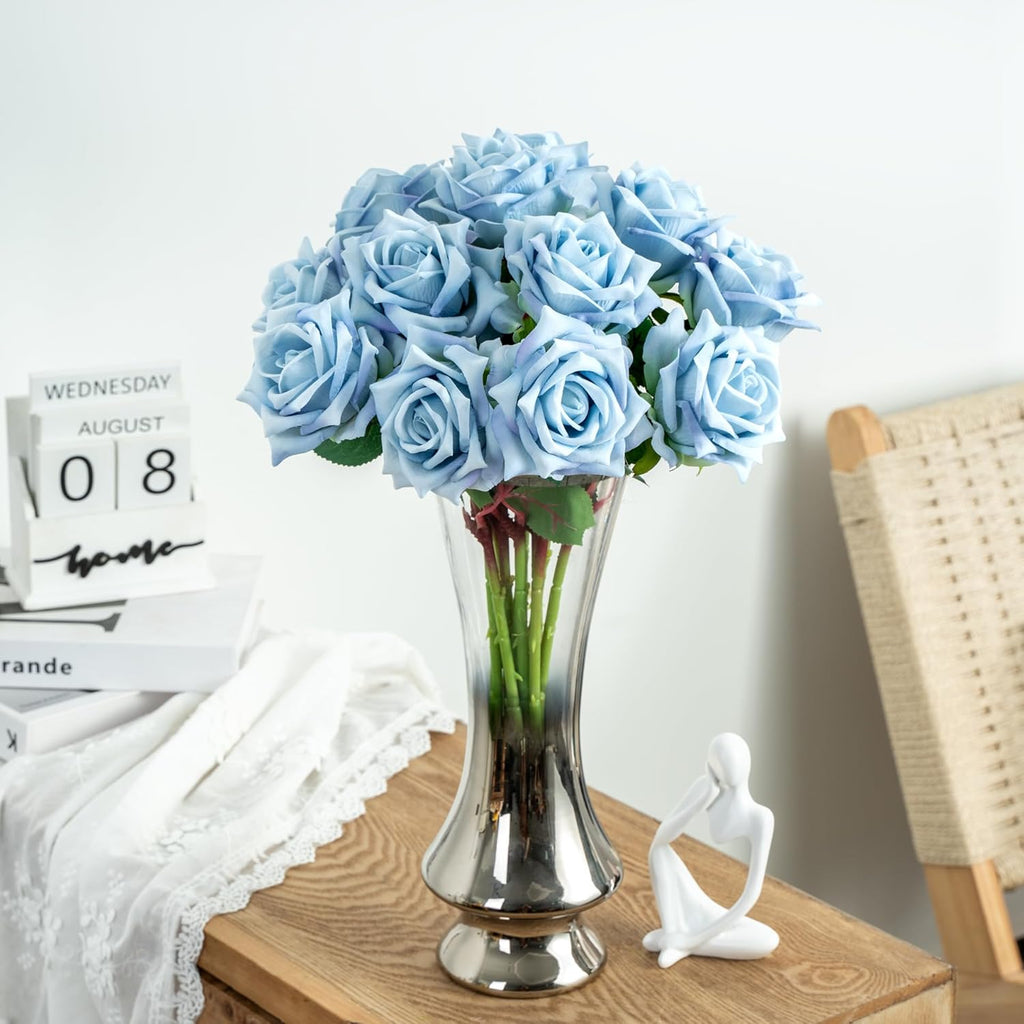 Fake Roses Faux Flowers Silk Roses 12PCS Artificial Roses with Stems Realistic Artificial Flowers Suitable for Indoor Home Decoration Diy Bouquet Wedding Decor Party Decoration （Blue）16.5“