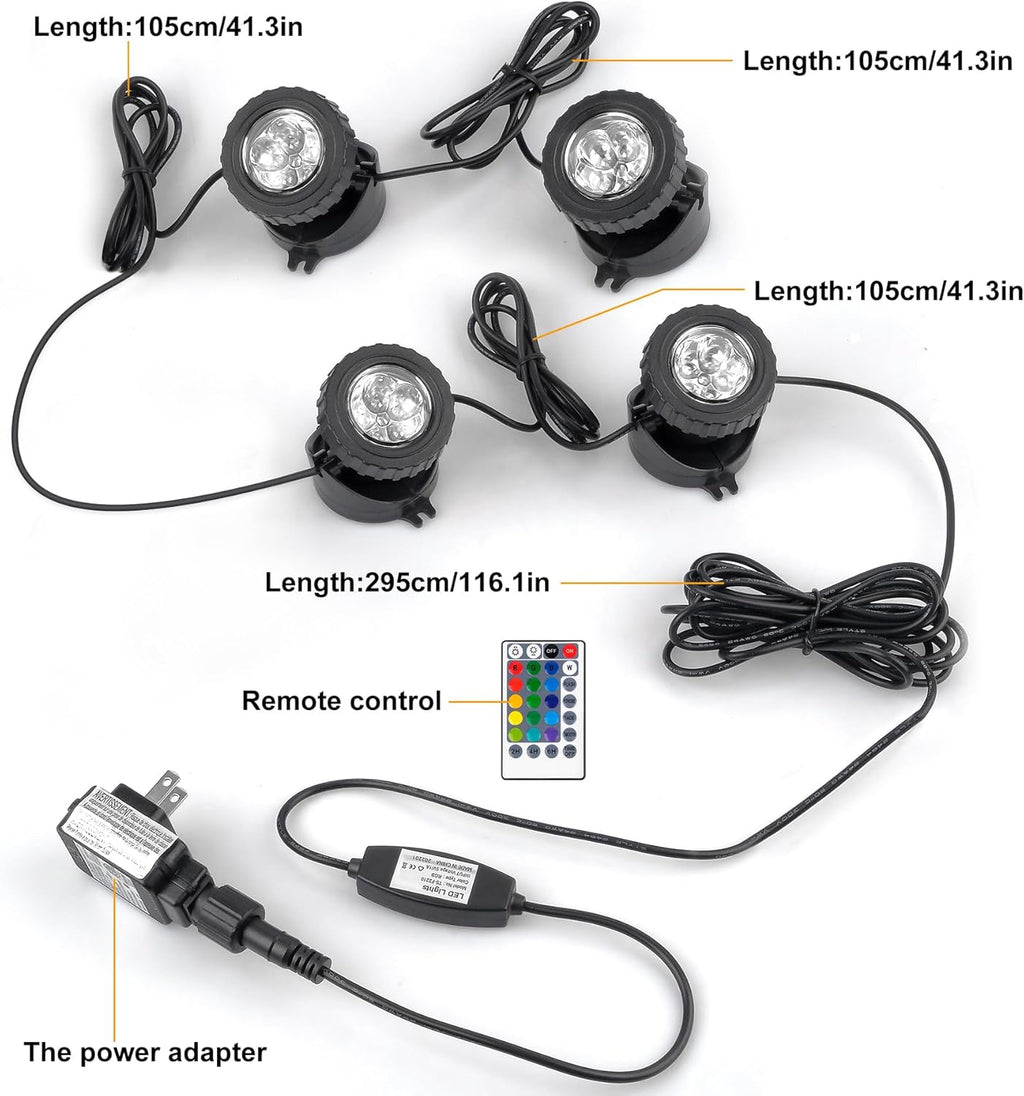 RGB Pond Lights with Timer, LED Underwater Submersible Colorful Landscape Spotlights, 98ft Remote Control IP68 Waterproof Fountain Lights for Fish Aquarium Tank Garden Yard Pool (Set of 4)