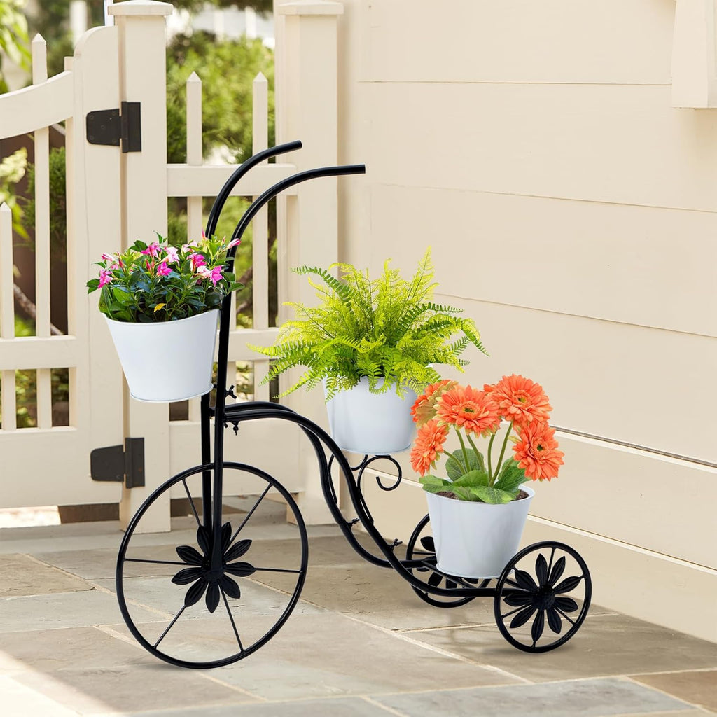 LEWIS&WAYNE Metal Tricycle Planter, 3 Tier Floral Flower Plant Stand Holder Hand Painted Outdoor Garden Patio Decor