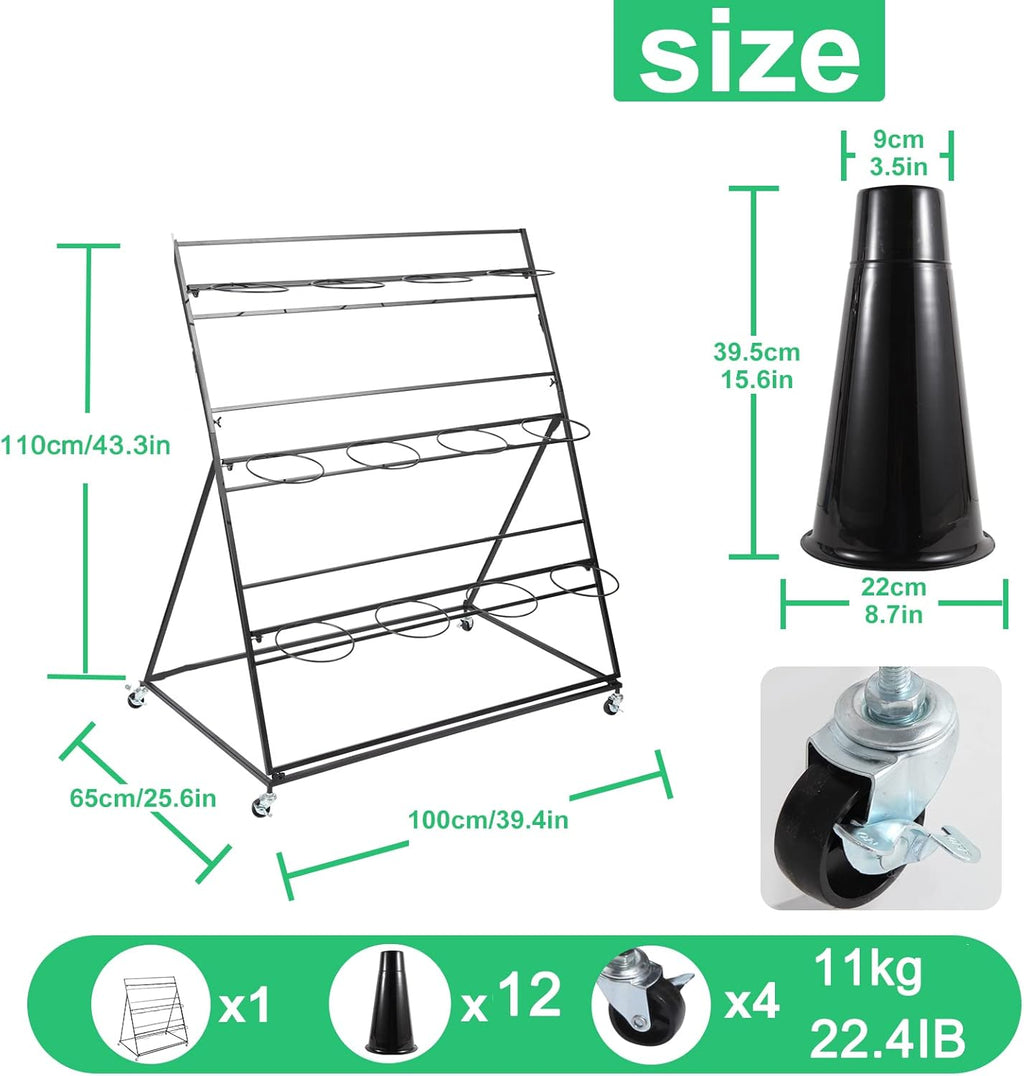 Flower Display Stand with Buckets, 3 layers Metal Plant Stand with Wheels, Moving Florist Bouquet Shelf for Fresh Flower Shop, for Patio Garden, Living Room, Outdoor Flower Pop-Up Events (Black Frame - Black Bucket)