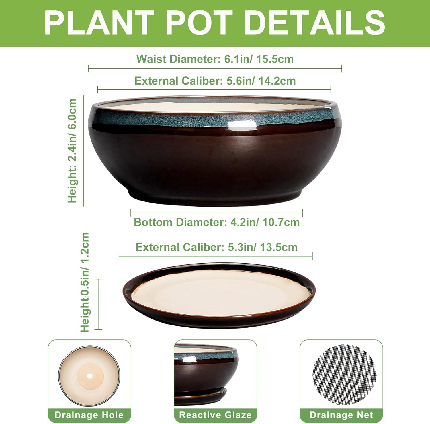 SQOWL Succulent Pots with Drainage Hole - 6 Inch Ceramic Bonsai Tree Pots, Shallow Planter with Saucer, Round Plant Pot for Succulent Indoor Outdoor, Porch Decor, Gifts for Plant Lover, Blue-Brown