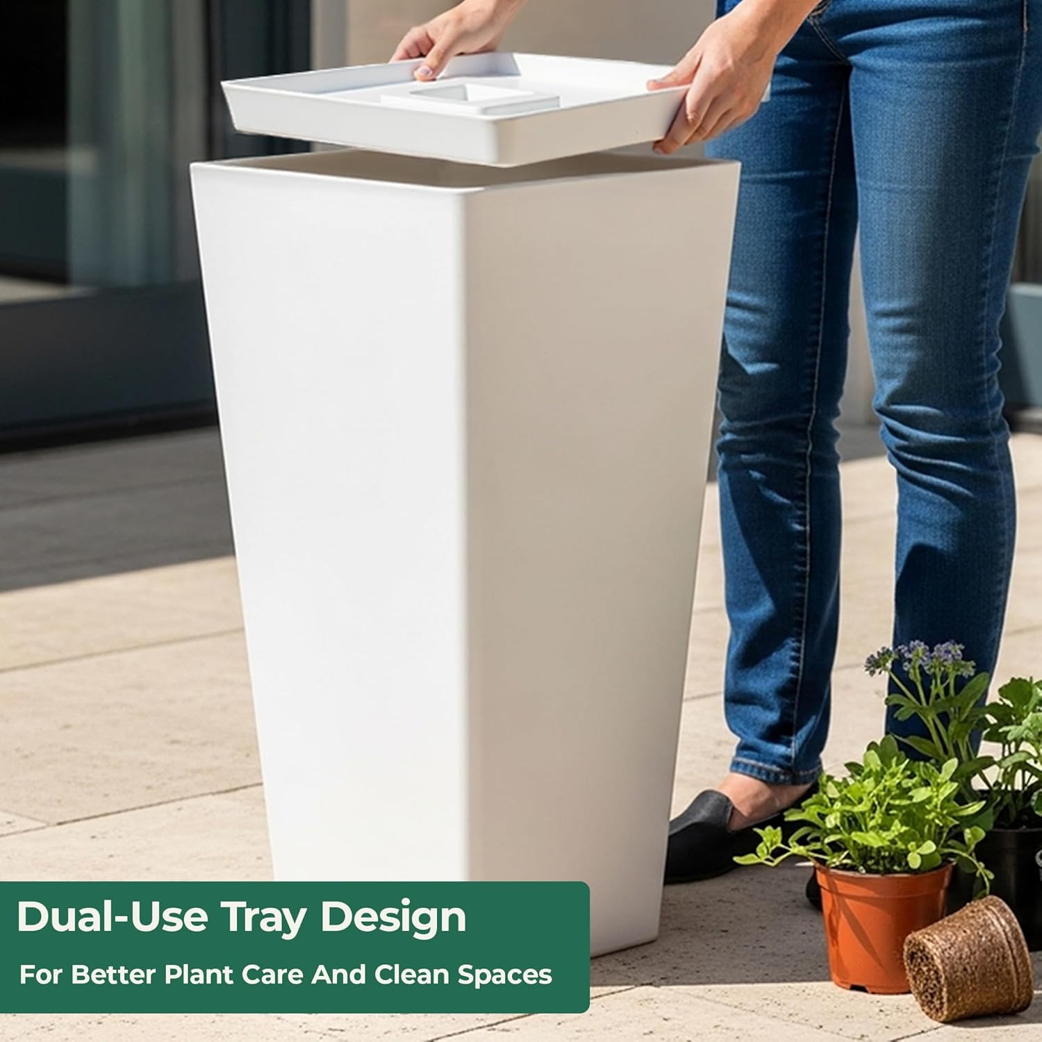 WORTH Garden Large 28 in.Tall Planters Set of 2 for Indoor and Outdoor, Heavy Duty Plastic White Modern Taper Flower Plant Pots with Drainage Hole and Dual-Purpose Tray for Front Porch, Patio