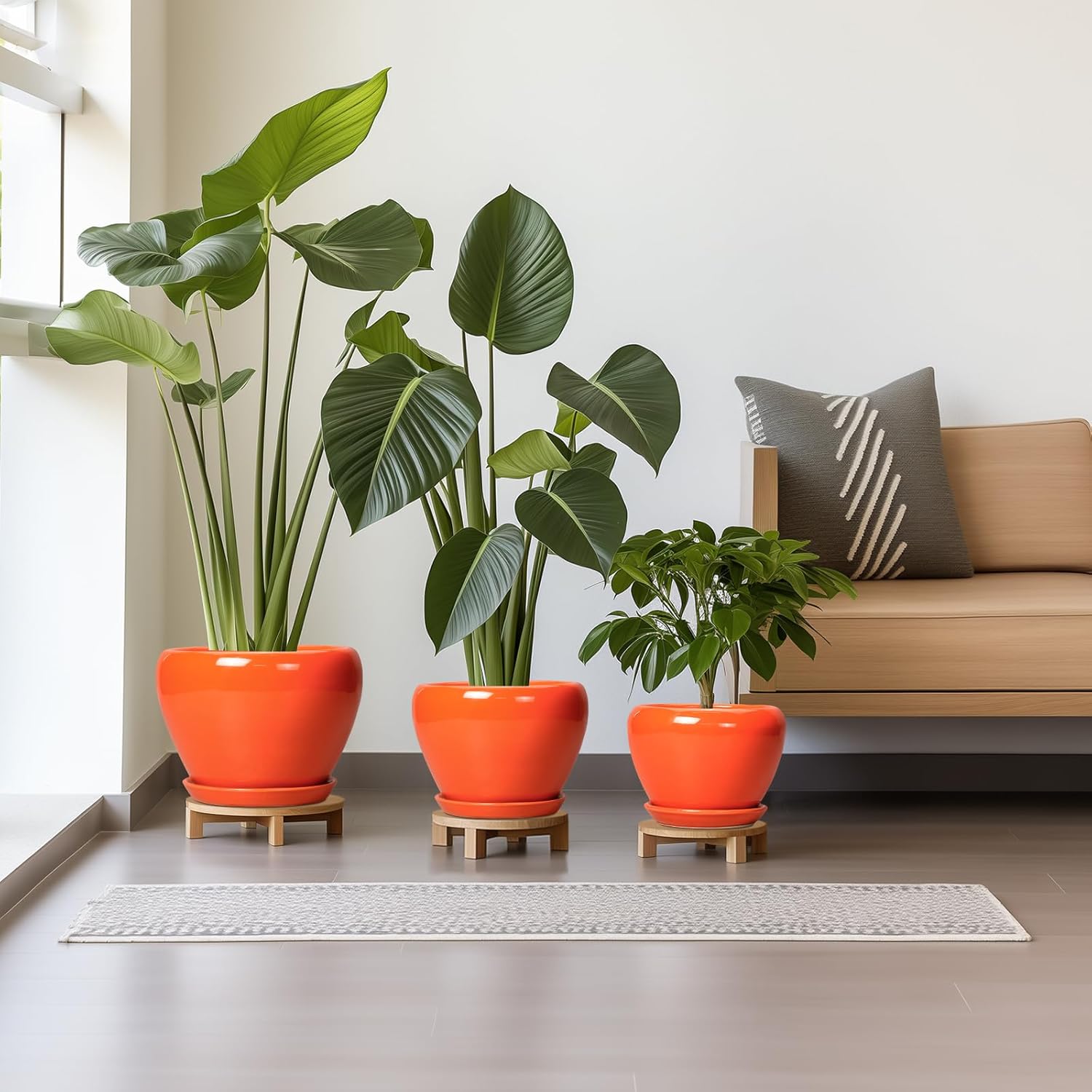 Ceramic Planter - 10 Inch 8 Inch 6 Inch Plant Pot with Drainage Holes and Saucers, Round Planters for Indoor Outdoor, Modern Flower Pots, House Garden Room Decor, Gardening Gifts, Orange