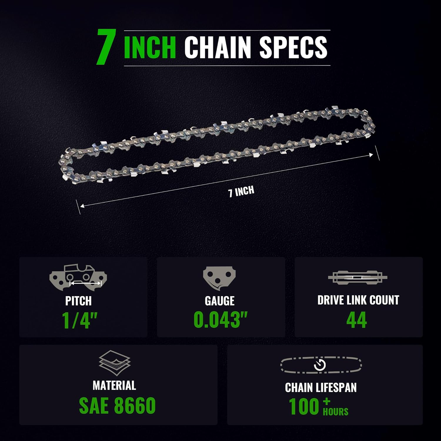 7" Chain Pitch: 1/4" Low Profile 44Drive Links Replacement Chain For 2-in-1 Cordless Pole Saw & Mini Chainsaw .043" Gauge