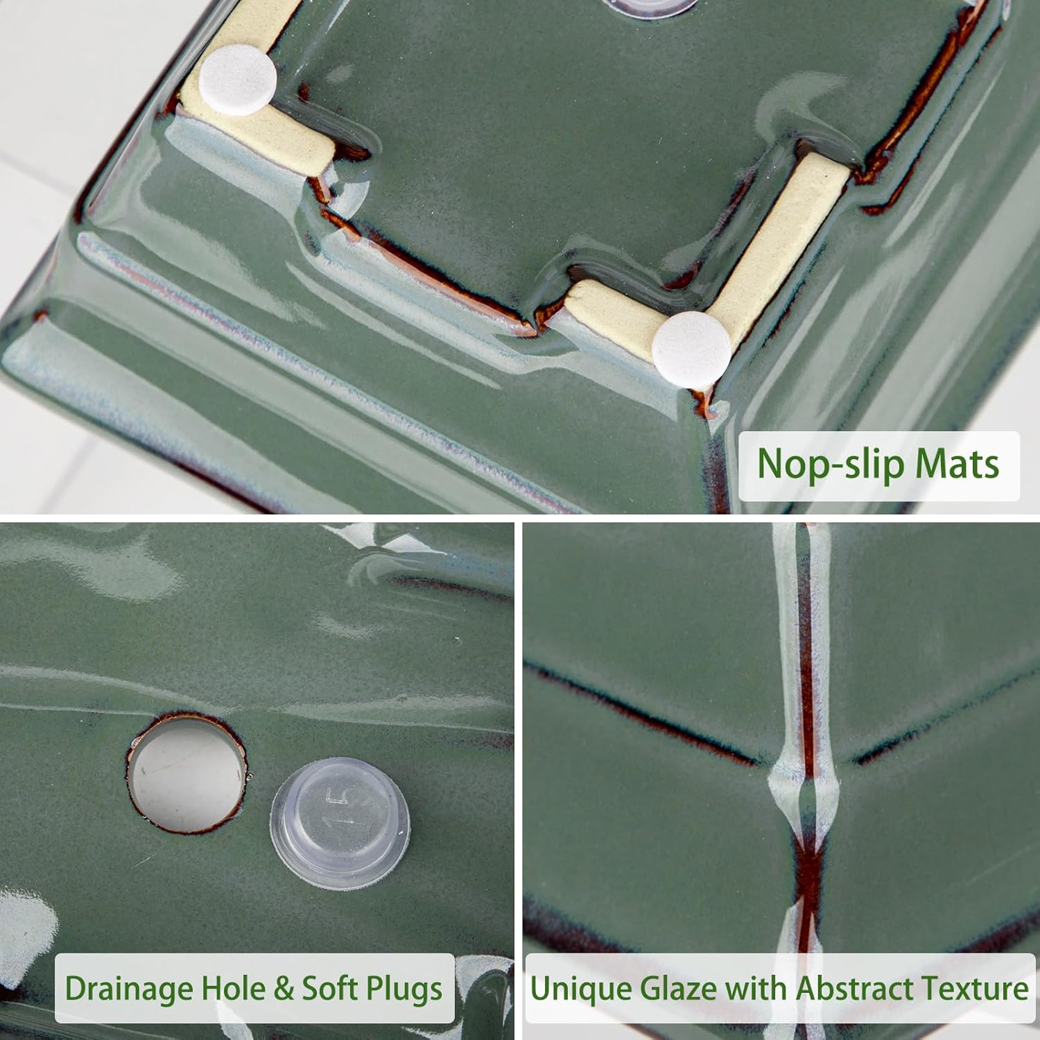 Ceramic Bonsai Pots with Drainage Trays Set of 2, Green Glazed Bonsai Planters for Indoor/Outdoor Use, Rectangular Shallow Bonzai Tree Pot for Succulent, Orchids, Cacti, Home, Patio, Garden, 7.5"x5.5"