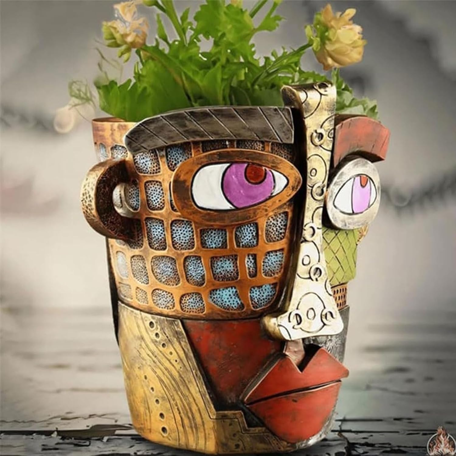Picasso Pot, Face Planters, Plant Pots Sanxingdui Style, Abstract Head Planter, Handcrafted Planter Resin - Cute and Funky (Retro + Modern)