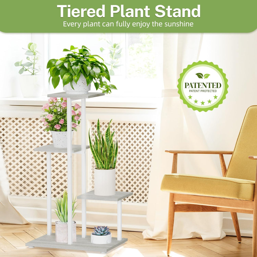 iDavosic.ly 4 Tier Plant Stand Indoor, Tiered Corner Plant Shelf for Multiple Plants, Metal Wood Tall Plant Display Rack Flower Holder for Patio Porch Garden Balcony Bedroom, White