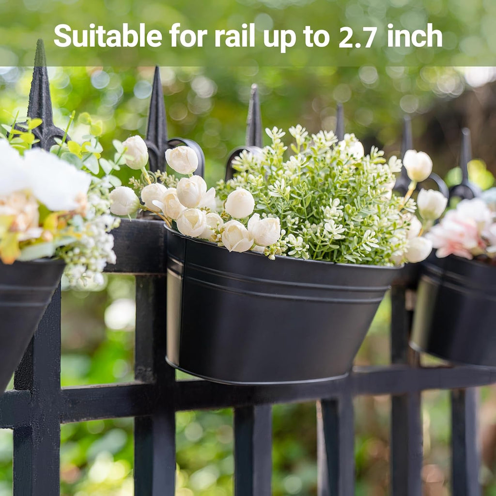 Dahey Metal Iron Hanging Flower Pots for Railing Fence Hanging Bucket Pots Countryside Style Window Flower Plant Holder with Detachable Hooks Home Decor,Black,5 Pcs