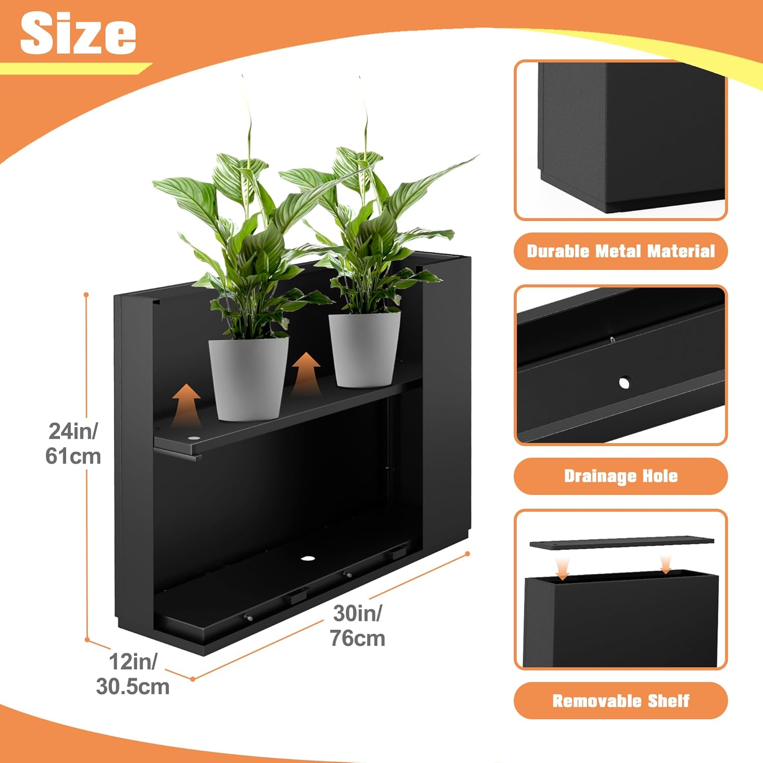 Rectangle Planter for Indoor & Outdoor, Tall and Long Planter Boxes with Drainage Holes, Mental Divider Planter Box All-Weather Use for Plants, Flowers, 29.9" L x 12" W x 24" H, Black